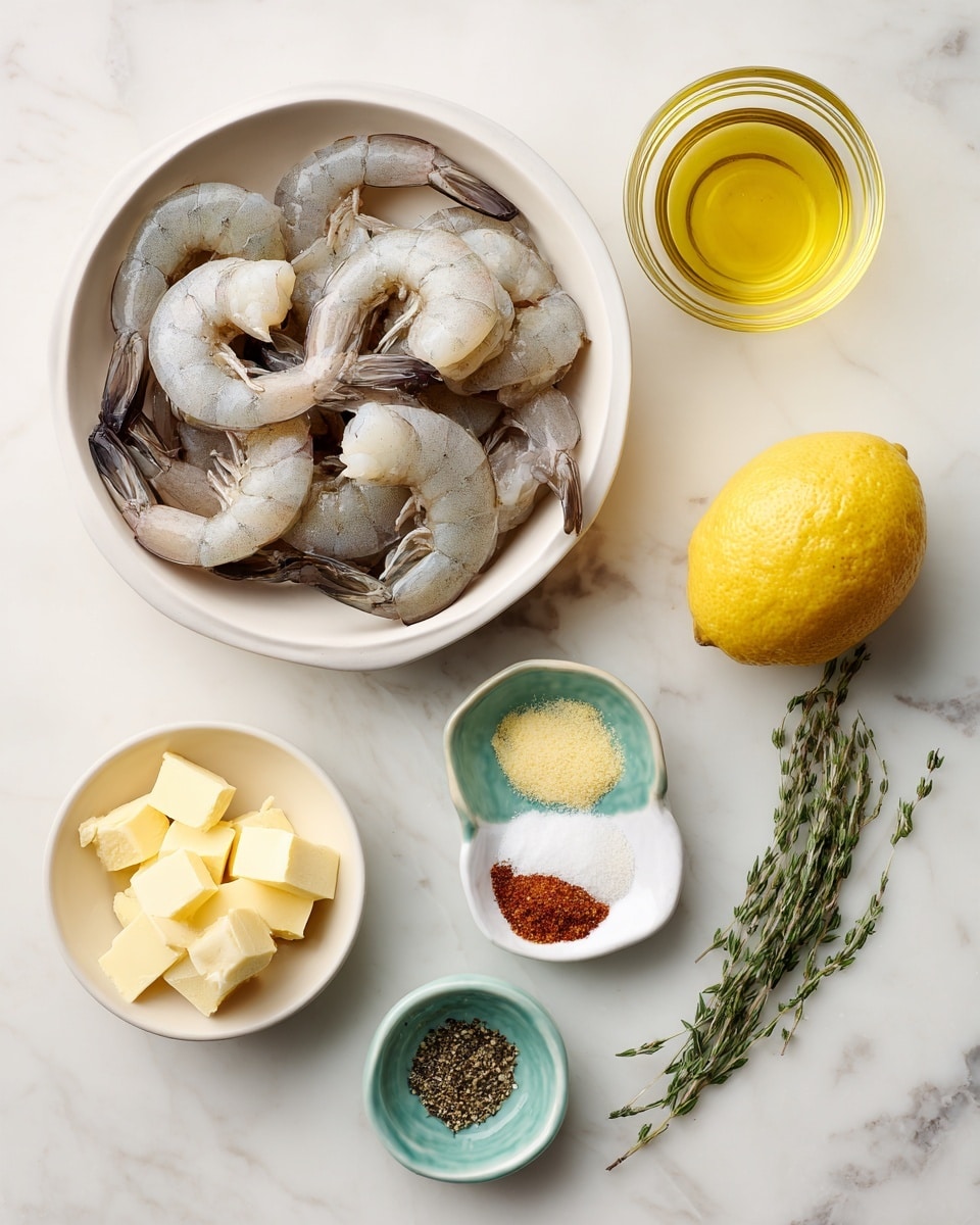 A white bowl filled with raw shrimp with tails on, showing gray and light pink shades, is placed toward the top left on a white marbled surface. To the right of it, there's a small clear glass bowl with golden oil and a bright yellow whole lemon. Below these, a small white bowl with yellow butter cubes sits beside small white and turquoise bowls holding various spices and ingredients: a reddish powder, black pepper, light yellow granules, and finely minced garlic. Two green herb sprigs lay diagonally on the white marble surface near the bottom, adding natural green color. All items are arranged neatly and spaced out. photo taken with an iphone --ar 4:5 --v 7