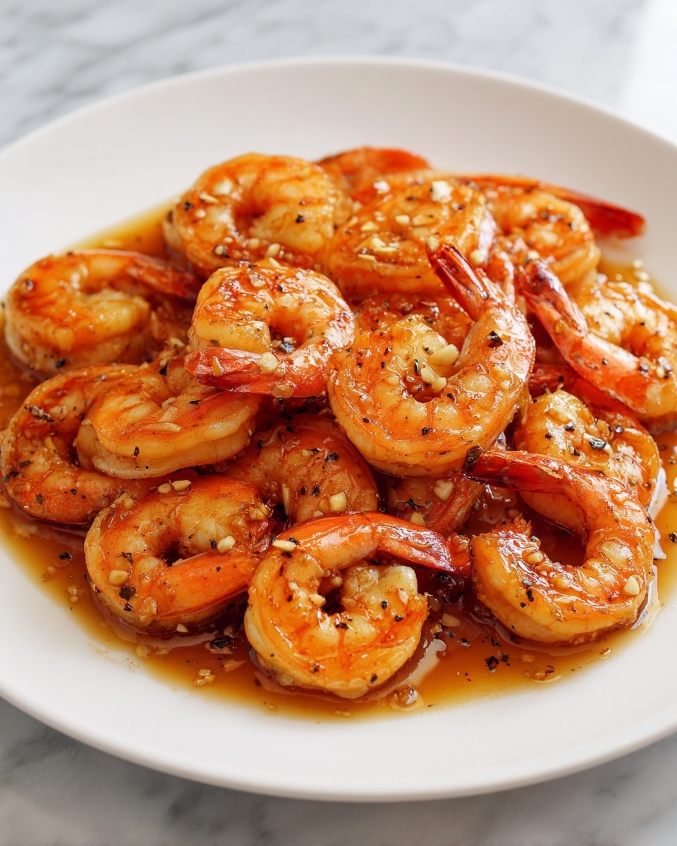 A white plate filled with plump shrimp cooked in a shiny, light brown sauce with visible bits of garlic and black pepper spread all over. The shrimp are layered closely, showing their orange and pink shells with some pieces slightly translucent. The sauce pools around the shrimp, creating a glossy texture that coats the entire dish. The plate sits on a white marbled surface. photo taken with an iphone --ar 4:5 --v 7