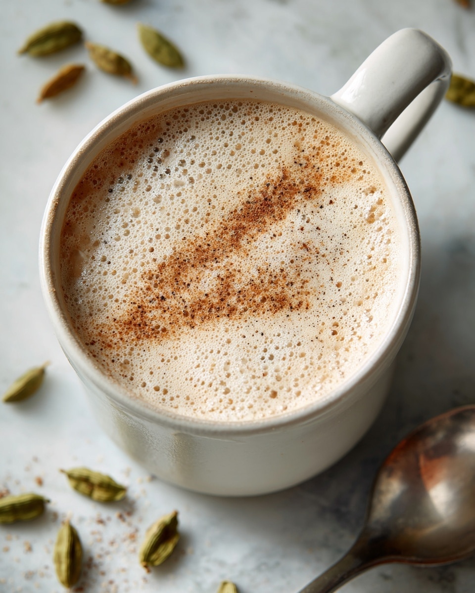 A white mug filled with a creamy, frothy drink that has a thick white foam layer on top, sprinkled with a light brown cinnamon powder line across the surface. The mug is placed on a white marbled texture. There are green cardamom pods scattered around, and a shiny silver spoon lies nearby. The image is warm and cozy with soft lighting. photo taken with an iphone --ar 4:5 --v 7