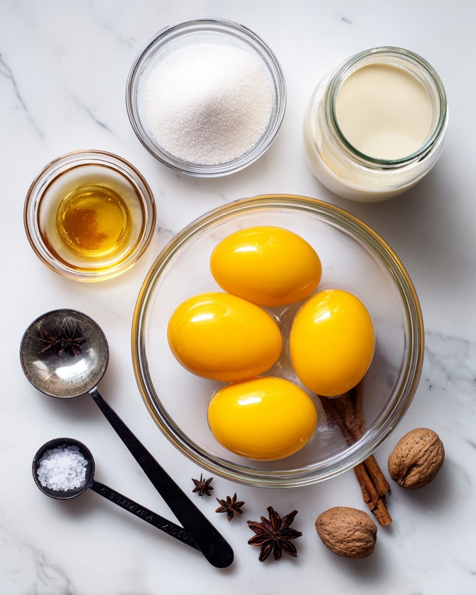 A top-down view of cooking ingredients set on a white marbled surface, showing a clear glass bowl in the center holding five bright yellow egg yolks with smooth texture. Above this bowl, there are two small clear glass containers, one filled with white granulated sugar and another with a light golden liquid labeled as vanilla. To the left of the sugar is a small glass jar containing a pale yellow liquid labeled rum extract. To the right of the egg yolks near the bottom are two black measuring spoons, one with white salt and the other empty. Next to these are whole spices: a brown nutmeg, three dark cloves, and a small brown cinnamon stick. On the far right is a transparent jar filled with creamy oat milk showing a smooth, slightly foamy surface. The bright natural light gently highlights all the ingredients, emphasizing their colors and textures in a neat arrangement. photo taken with an iphone --ar 4:5 --v 7