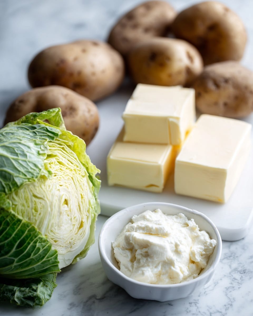 A close-up image shows fresh ingredients placed on a white marbled surface, featuring a pale green cabbage on the left with crinkled leaves, several brown-skinned potatoes with textured roughness in the background, rectangular blocks of creamy vegan butter with smooth surfaces to the right, and a small white bowl filled with soft, white vegan cheese with a creamy, slightly fluffy texture in the front right corner. photo taken with an iphone --ar 4:5 --v 7