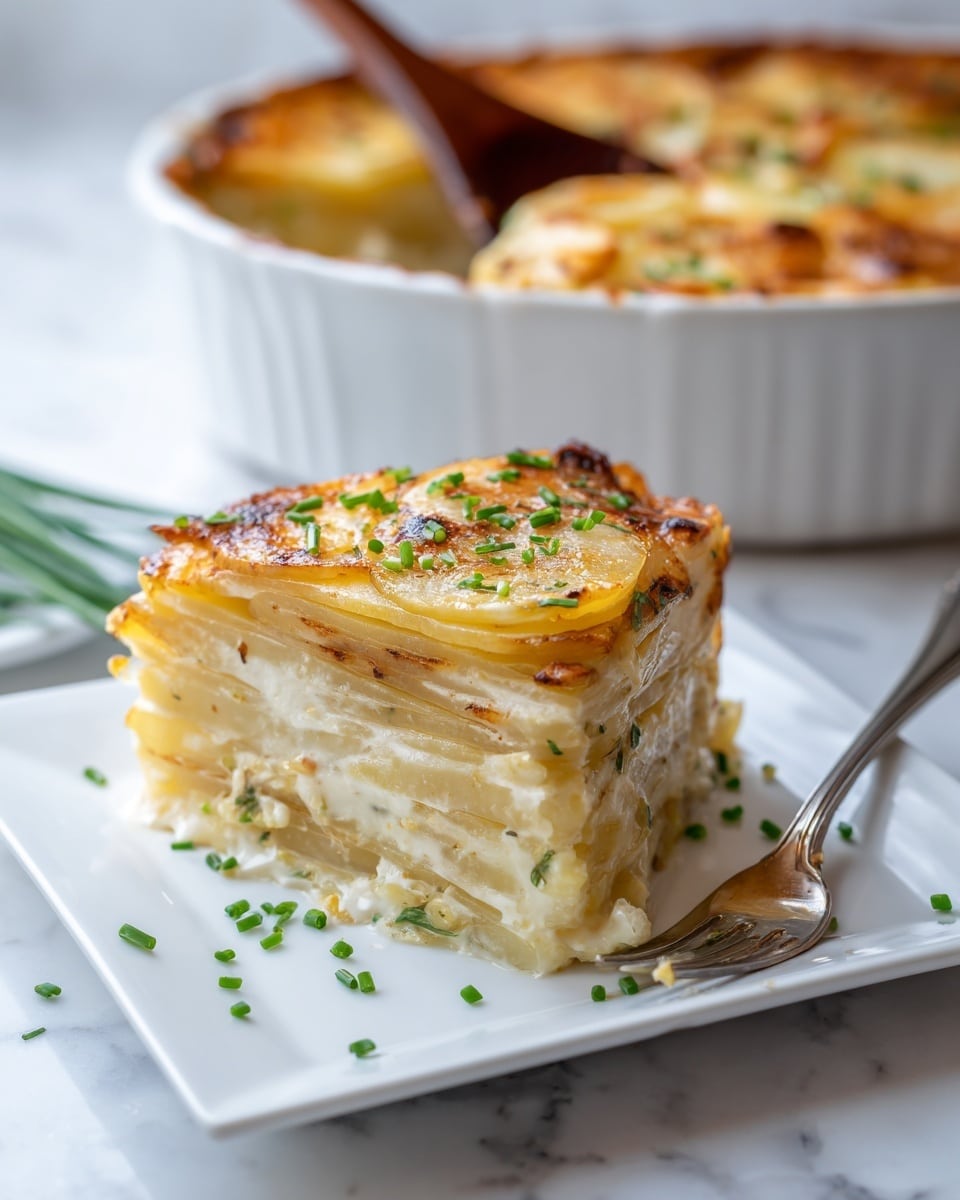 The image shows a white square plate with a slice of layered potato dish placed in the center. The slice has multiple thin, pale yellow potato layers stacked on top of each other, with a slightly browned top layer sprinkled with small green herbs. A silver fork rests beside the slice on the plate, with more green herbs scattered around the plate. In the background, there is a white round baking dish filled with the same layered potato dish, showing a golden-brown top and a wooden spoon inside. The overall setting has a white marbled texture. photo taken with an iphone --ar 4:5 --v 7