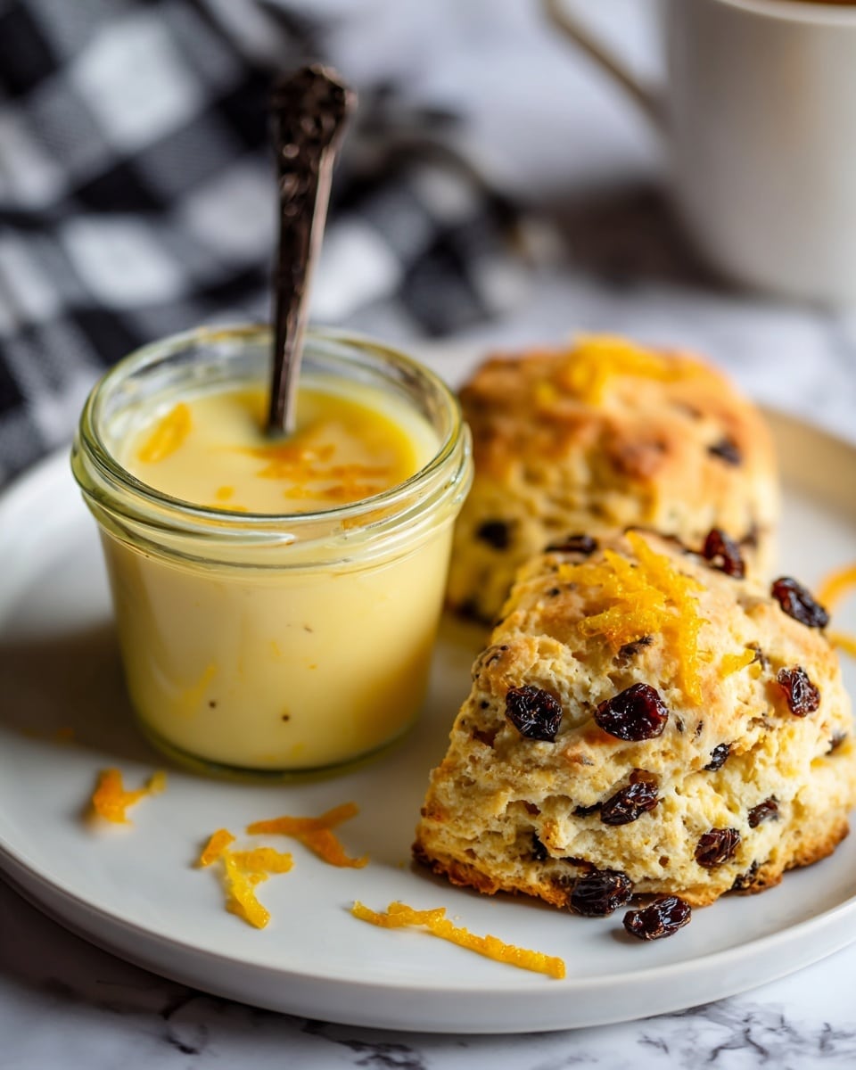 A small clear glass jar filled with smooth, pale yellow lemon curd with a black spoon inside sits on a white plate. Next to the jar is a golden brown scone with dark raisins baked on top, showing a crisp and textured outside. In front of the scone on the plate, there is a smaller piece of the same scone spread with some shiny lemon curd. A few small strands of orange zest are scattered around the scones on the plate, all placed on a white marbled surface. photo taken with an iphone --ar 4:5 --v 7