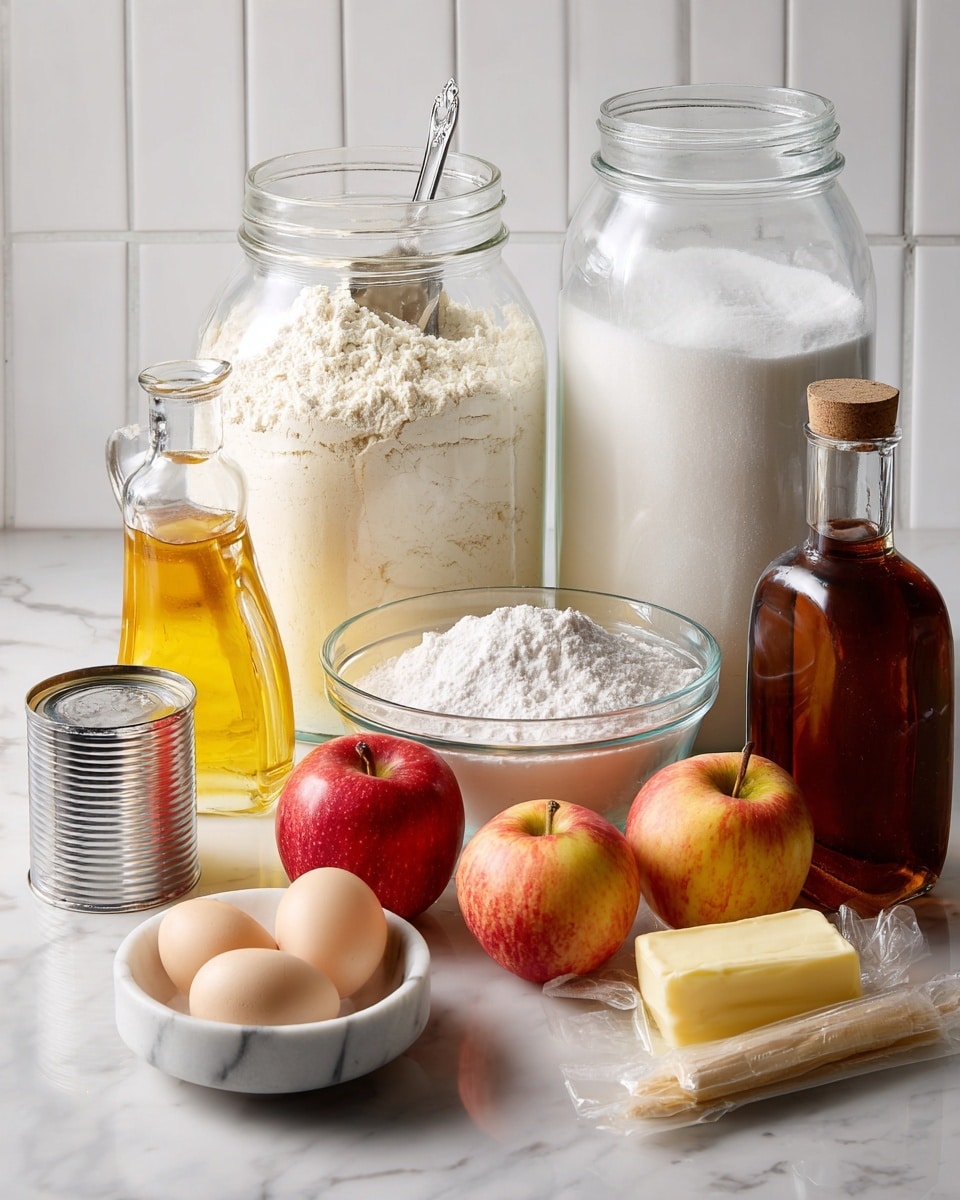 The image shows baking ingredients arranged neatly on a white marbled surface. There are two large glass jars at the back, the one on the left filled halfway with white flour with a metal scoop inside, and the one on the right filled with white sugar. In front of the jars, from left to right, there is a small metal can of baking powder, a glass bowl with white powdered sugar, a small white marble bowl with granulated white sugar, two brown eggs, two red and yellow apples, a stick of butter wrapped in paper, a small glass jug filled with golden liquid (likely syrup or oil), and a small brown bottle labeled vanilla extract. The background is made of white tiled walls. photo taken with an iphone --ar 4:5 --v 7