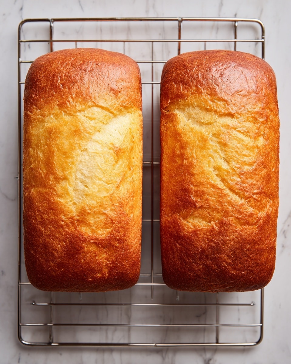 Two whole golden brown loaves of bread with a slightly cracked top layer sit on a silver cooling rack. Each loaf has a smooth, slightly textured crust that shows a mix of light and darker brown shades, with small cracks and uneven spots. The cooling rack rests on a white marbled surface, adding a clean and bright contrast to the warm color of the bread. The bread looks soft inside, with a firm outer layer. photo taken with an iphone --ar 4:5 --v 7