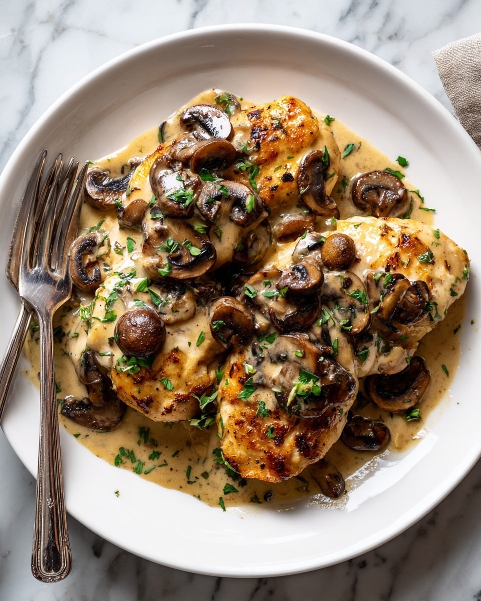 A white plate holds three golden brown cooked chicken pieces arranged side by side as the base layer. On top of the chicken are many sliced, cooked mushrooms in a light brown creamy sauce that covers much of the dish. Small pieces of green herbs are scattered over the sauce and mushrooms, adding spots of color. The plate is on a white marbled surface with a fork partly visible behind the plate. The overall look is warm and savory. photo taken with an iphone --ar 4:5 --v 7