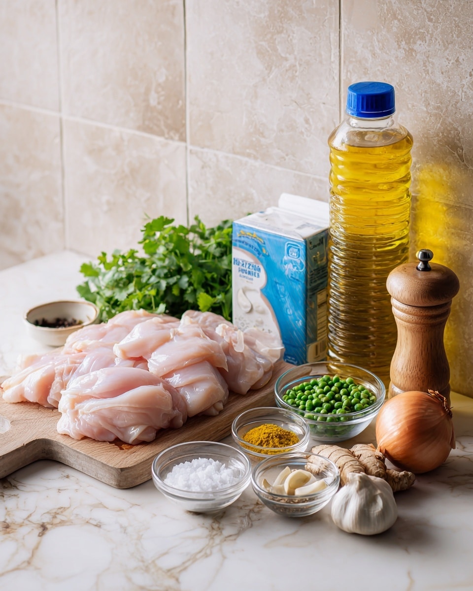 The image shows a collection of raw cooking ingredients arranged on a white marbled surface in front of a tiled light beige wall. On the left, there is a wooden cutting board holding several slices of raw chicken arranged neatly in one layer. Next to it, to the right, are various small clear glass bowls containing green peas, yellow spice, and white powder, along with a small wooden bowl filled with salt. A whole onion, two garlic cloves, and a piece of ginger root are laid out near the bowls. Behind these, a large clear plastic bottle of yellow vegetable oil and a blue carton of chicken broth stand upright. On the far right, there is a wooden pepper grinder and a white container of 5% yogurt with a blue lid. Fresh green cilantro bunches add color near the yogurt container. The photo taken with an iphone --ar 4:5 --v 7