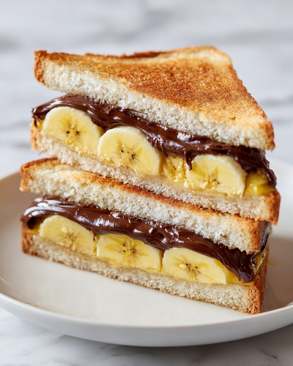 Two halves of a toasted sandwich are stacked on a white plate, showing three layers of toasted bread with a golden-brown color on top and white soft texture inside. Between the bread layers, there is a thick dark brown chocolate spread, with a glossy and smooth texture, and slices of banana that are light yellow, slightly soft, and shiny from the chocolate. The sandwich sits on a surface with white marbled texture. photo taken with an iphone --ar 4:5 --v 7