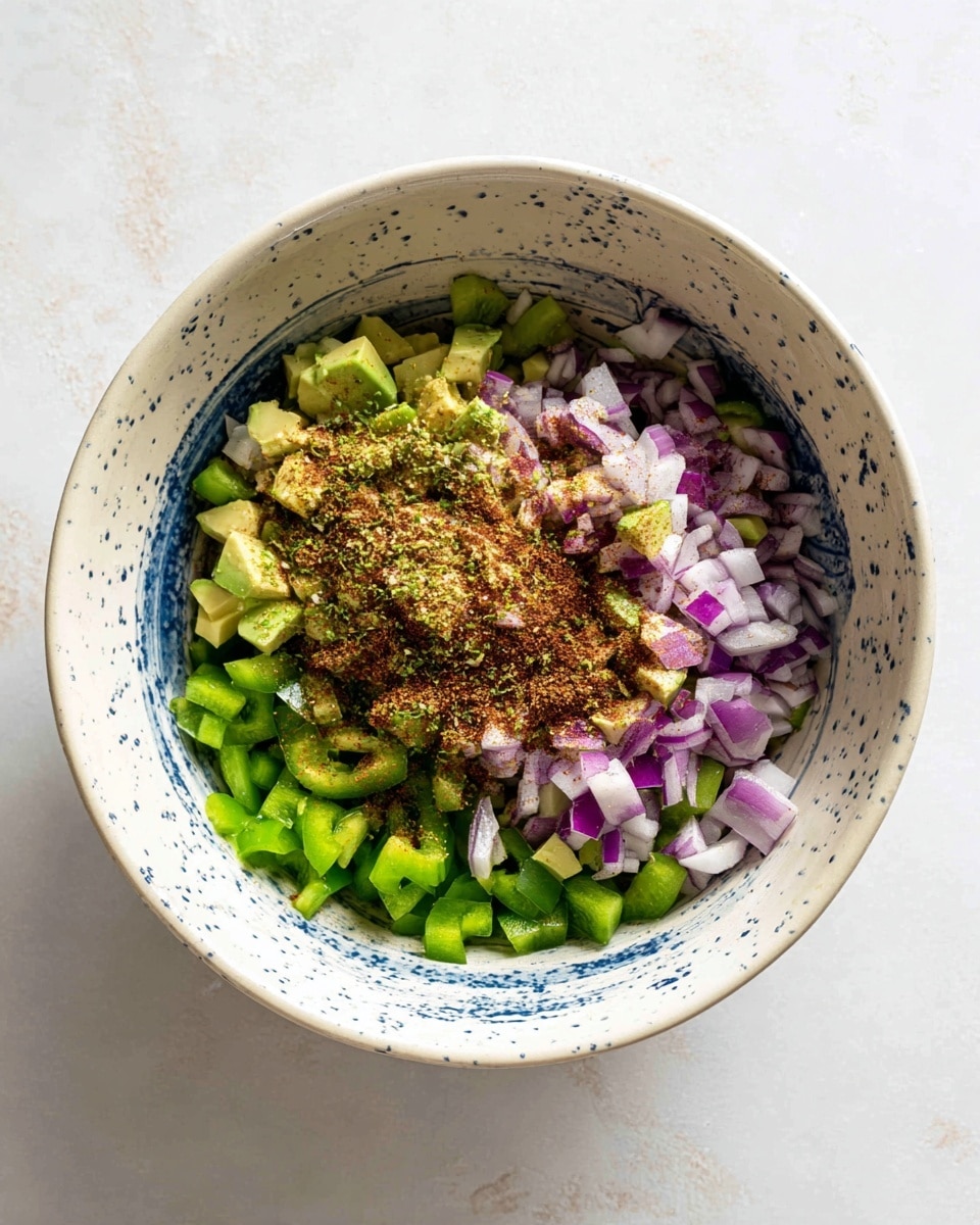 Inside a white bowl with blue speckles, there is a mix of diced ingredients arranged in one layer. The bottom layer consists of small bright green pieces of bell pepper, scattered somewhat unevenly. Above this, there are chopped purple and white red onions, diced evenly and spread out. Light green chunks of avocado sit on top, with a sprinkling of brownish powder seasoning scattered over everything. The bowl is placed on a white marbled surface, and the natural light highlights the fresh textures and colors. Photo taken with an iphone --ar 4:5 --v 7