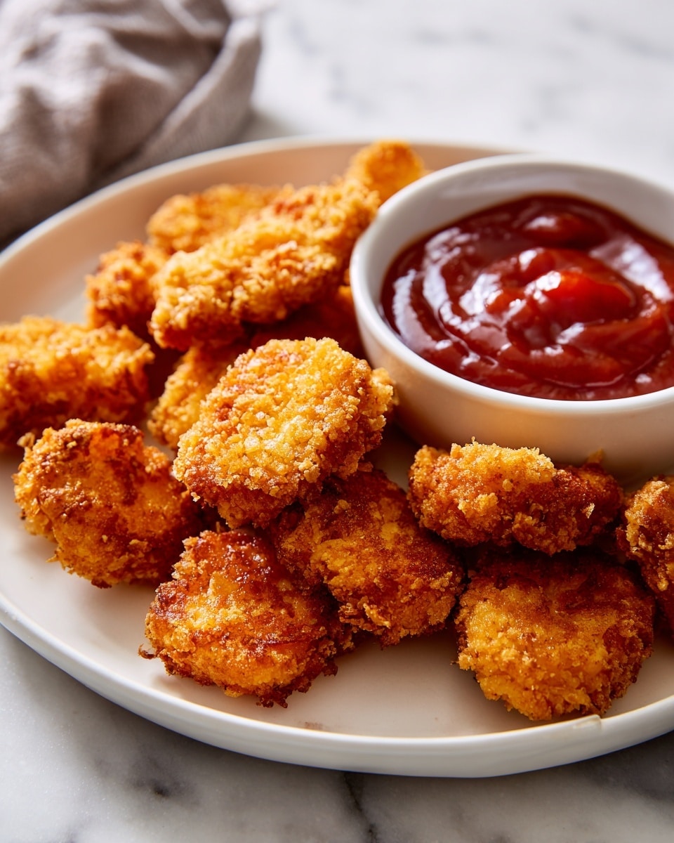 A white plate sits on a white marbled surface, filled with many golden brown crispy fried pieces of food, arranged in a loose pile mostly covering the plate. Near the top left area of the plate is a small white bowl filled with chunky red sauce. The color of the fried pieces is a mix of golden and darker brown with a crunchy texture visible. The background shows a grey and white textured cloth that is softly blurred. photo taken with an iphone --ar 4:5 --v 7
