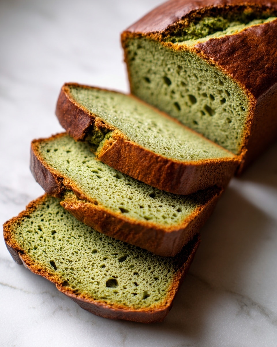 This image shows a loaf of green cake with three slices partly cut and laid on top of the remaining cake. The cake has a smooth, shiny green top layer with a slightly cracked texture, while the inside is a light, porous green color. The cake rests on a white marbled surface, giving a clean backdrop to the vibrant green tones of the cake. photo taken with an iphone --ar 4:5 --v 7