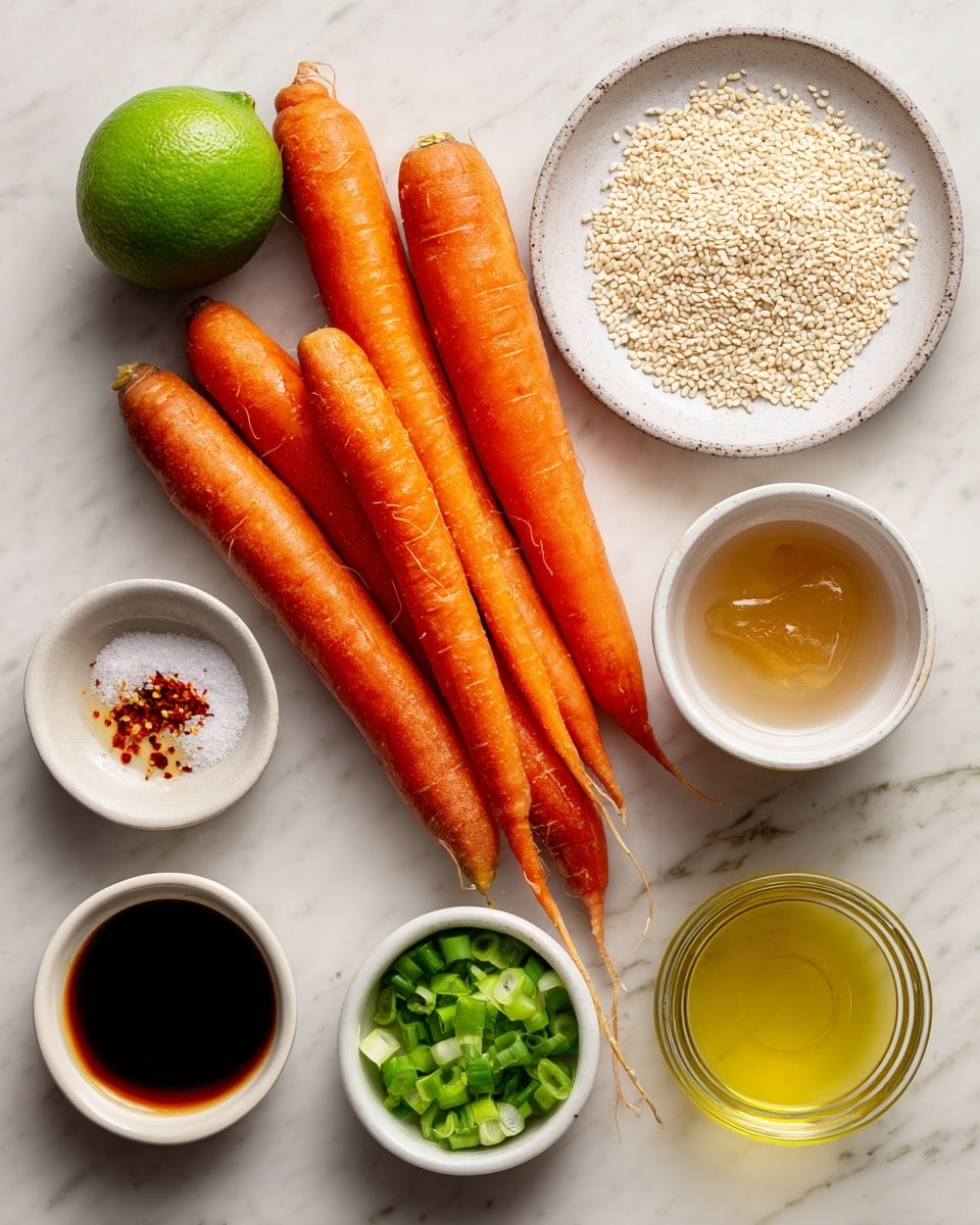 The image shows ingredients placed on a white marbled surface. At the center, there are five whole bright orange carrots arranged side by side. Above the carrots and slightly to the left sits a whole green lime. To the right of the lime is a white plate with a small pile of light beige sesame seeds. Below the lime, there are three small white bowls arranged vertically: the top bowl with dark soy sauce, the middle bowl with white salt sprinkled with red chili flakes, and the bottom bowl with a thick light golden layer of honey. To the right of the carrots, a small white bowl holds a pale beige liquid labeled vinegar, and below it a small glass bowl contains chopped green onions. At the bottom right, a small glass container filled with yellow oil completes the layout. All items are spaced out neatly for clear visibility, lit evenly with soft natural light. Photo taken with an iphone --ar 4:5 --v 7