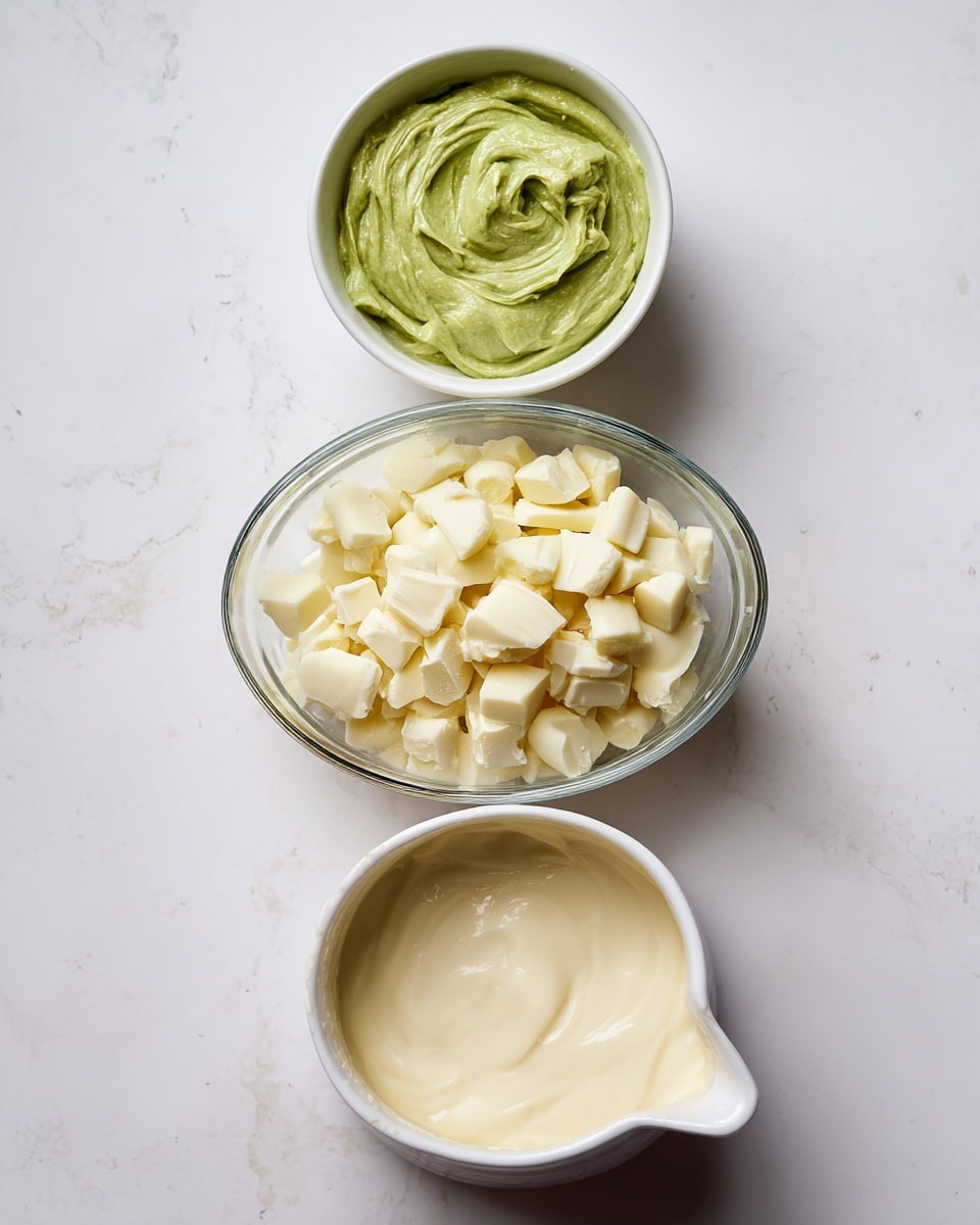 The image shows three separate white bowls placed on a white marbled surface. The top bowl is small and round, filled with green pistachio paste that has a smooth, creamy texture with visible swirls. Below it is a larger, transparent round bowl filled with unevenly chopped white chocolate pieces that are pale yellow in color and have a solid texture. At the bottom is a white measuring jug filled with heavy cream, creamy and smooth with a light beige color. The three bowls are aligned vertically with clear labels identifying each ingredient above or below the bowls. Photo taken with an iphone --ar 4:5 --v 7