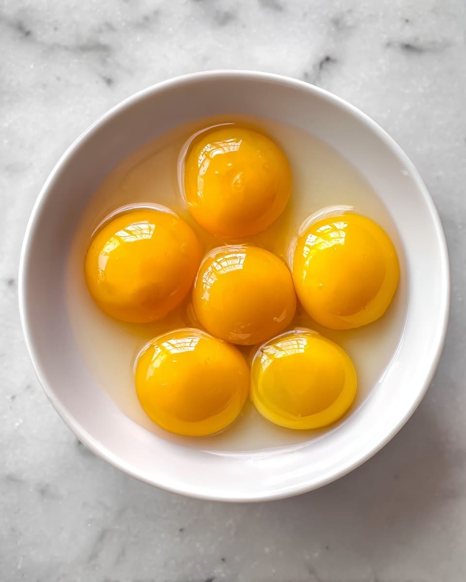 Inside a white bowl, there are six bright yellow egg yolks sitting close together in a single layer, surrounded by clear egg whites. The yolks are smooth and shiny, with a slightly rounded top, and fill most of the bowl's bottom. The bowl is placed on a white marbled surface. photo taken with an iphone --ar 4:5 --v 7