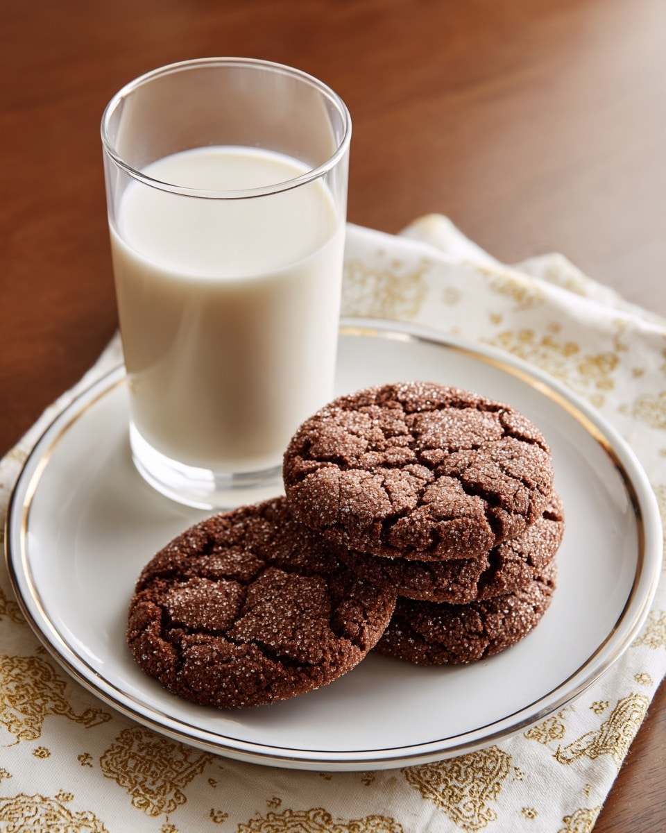 A white plate with two thin, round chocolate cookies stacked slightly unevenly, showing a cracked, rough texture with small chocolate bits throughout. The plate rests on a white cloth with a beige crisscross pattern, all placed on a wooden surface. To the right of the plate, a clear glass filled nearly to the top with light cream-colored milk stands tall. The background is a simple wooden table with no extra items. photo taken with an iphone --ar 4:5 --v 7