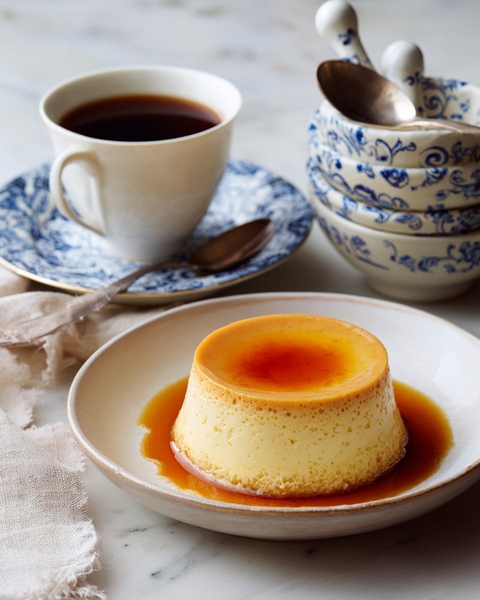 A round, bundt-shaped pudding with a smooth, creamy yellow top layer and a light, uneven off-white layer below sits in a white bowl filled with a light brown translucent syrup. Next to it, on a dark wooden surface replaced with a white marbled texture, there is a white cup filled with a dark brown liquid. Nearby are three white ceramic measuring spoons with blue floral patterns and a stacked set of small white bowls with blue patterns. photo taken with an iphone --ar 4:5 --v 7