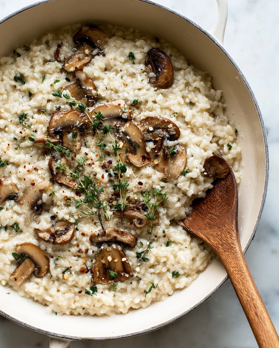 A close-up view of a creamy dish in a white pan showing three main layers blended together: small white grains resembling cauliflower rice form the base, mixed with light brown slices of cooked mushrooms scattered evenly throughout, and topped with small green sprigs of fresh herbs, possibly thyme, with a sprinkle of black pepper on the surface. A wooden spoon is placed inside the pan on the right side, partially covered by the mixture. The background is a white marbled texture. Photo taken with an iphone --ar 4:5 --v 7