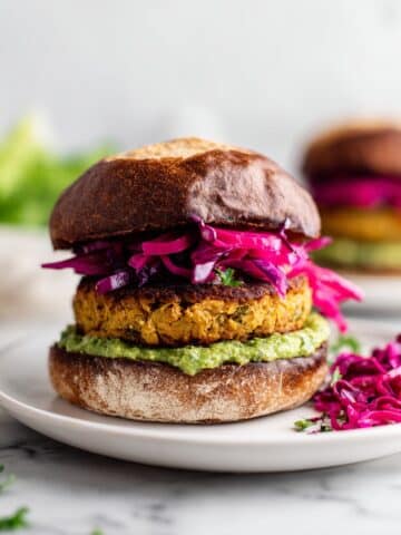 Cheddar Cauliflower Burgers with Pesto and Pickled Cabbage Recipe