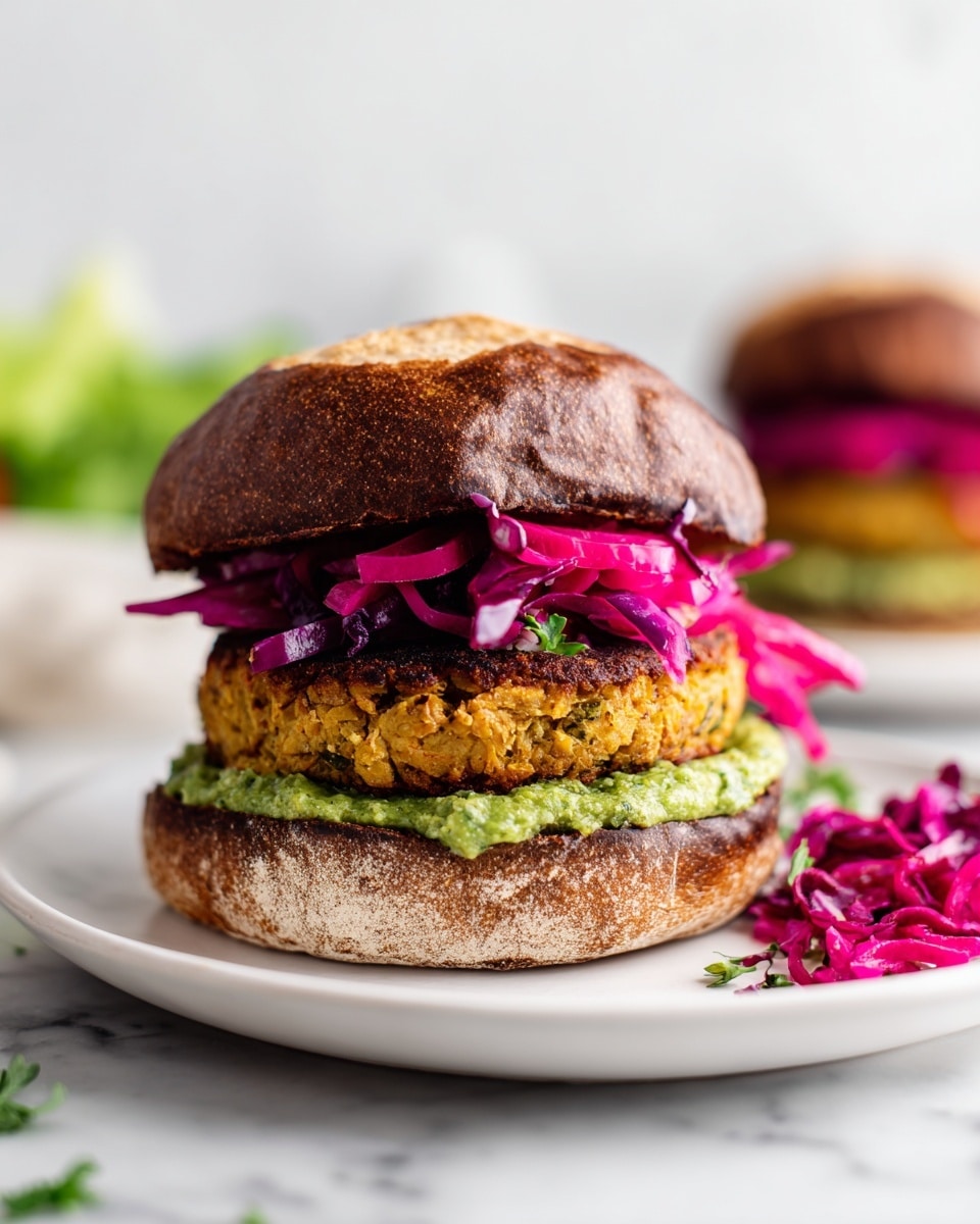 A close-up of a burger with four layers on a white plate: the base is a dark brown bun with a soft texture, followed by a layer of bright green sauce spread evenly on top, then a thick, golden-brown patty with a slightly crispy surface, covered by bright pink pickled cabbage strands that add a splash of color. On top of the cabbage is another layer of the green sauce, finishing with a soft, dark brown bun as the top layer. Some pink cabbage strands are scattered on the white plate. The background shows a blurred second burger with similar layers, and the whole scene is set on a white marbled surface photo taken with an iphone --ar 4:5 --v 7