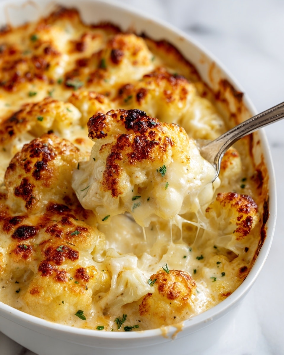 A close-up image shows a creamy baked cauliflower dish with visible layers of cauliflower florets coated in a smooth, light cream sauce. The top layer is a golden brown crunchy crust made of toasted breadcrumbs and cheese, giving it a rough texture with small crispy bits. Small green parsley pieces are scattered across the top, adding a fresh touch. A silver fork lifts some cauliflower from the white marbled surface beneath the white dish, showing the creamy interior and the contrast between soft cauliflower and the crispy top. Photo taken with an iphone --ar 4:5 --v 7
