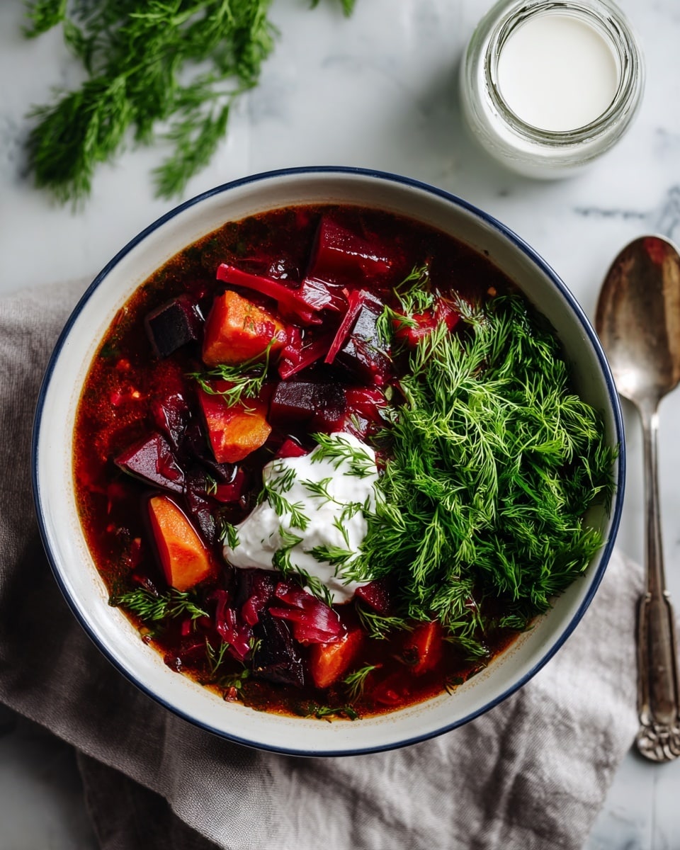 A white bowl with a blue rim holds a deep red soup filled with three main layers: a rich beet-based broth, chunky pieces of red and orange vegetables in the middle, and a generous heap of bright green fresh dill on one side. Small dollops of white sour cream float on the soup’s surface, adding texture and contrast. The bowl sits on a gray cloth napkin over a wooden surface with a rustic texture. A metal spoon lies next to the bowl, and a small glass jar filled with white sour cream is placed nearby. Fresh dill bunches are partially visible in the upper corner. The background is a white marbled texture photo taken with an iphone --ar 4:5 --v 7