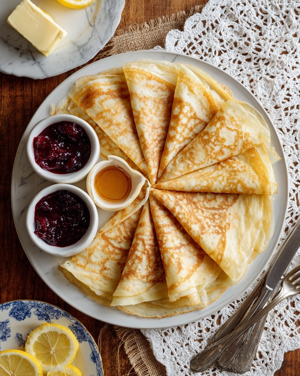A large white plate filled with neatly folded light golden crepes, arranged in overlapping triangles to cover the whole plate. The crepes are thin with soft, slightly bubbled texture and light brown spots. In the center bottom side of the plate, there are two small white bowls, one with dark red jam and the other with smooth light brown sauce. Behind the plate, a small white dish holds two rectangular pale yellow butter sticks on a small piece of brown burlap fabric. To the left, a white plate has thin lemon slices arranged neatly. On the bottom left corner, a white plate with blue pattern holds two silver forks crossed. A delicate white lace cloth is draped to the right side of the main plate, all placed on a light wood surface with white marbled texture visible around the edges. photo taken with an iphone --ar 4:5 --v 7