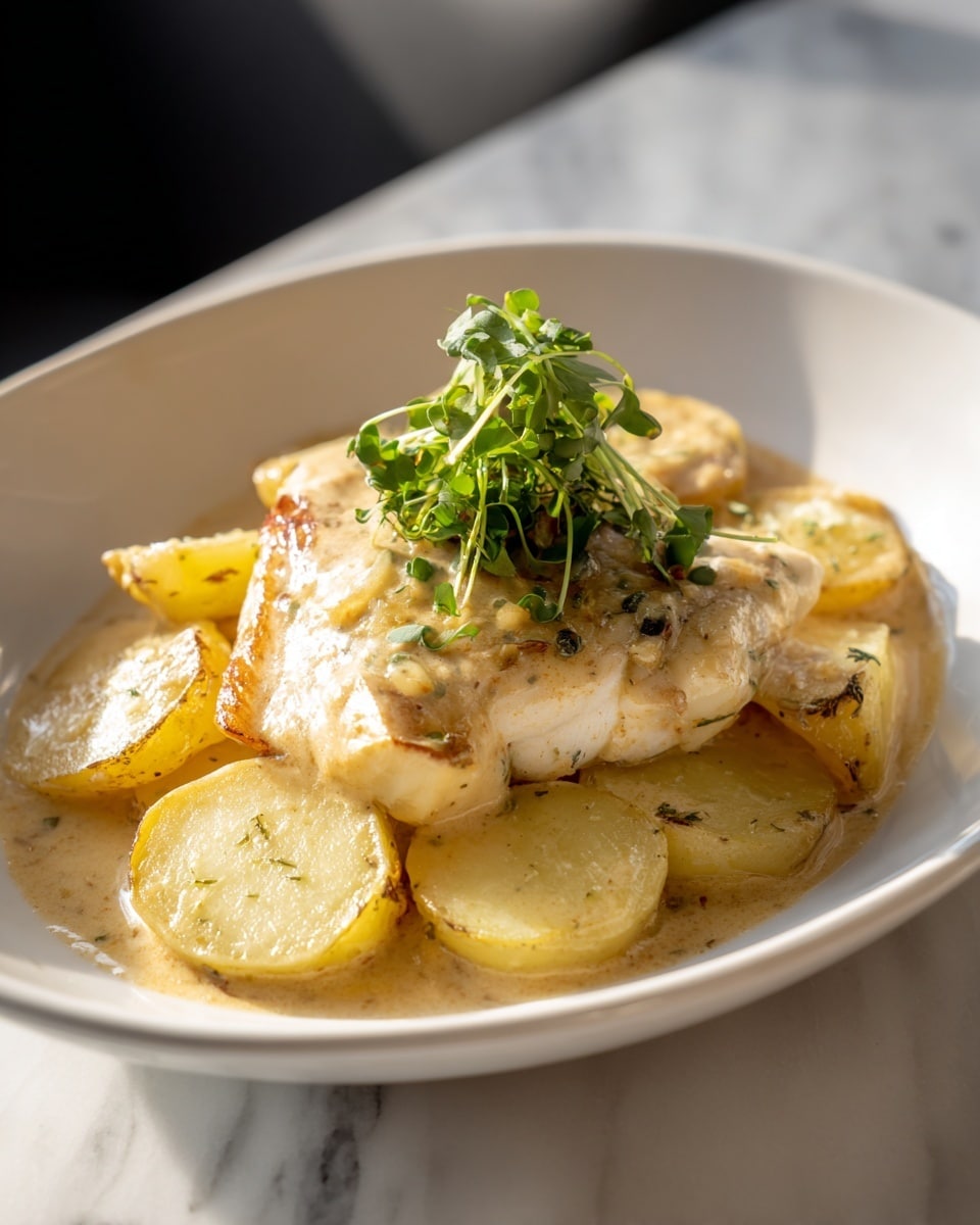 The dish shows a white plate with two main layers. The bottom layer has round slices of roasted potatoes, golden brown with some crisp edges and slight charring, scattered across the plate. On top of the potatoes is a piece of light brown cooked fish with a textured surface, topped by a small sprig of fresh green herbs. The plate sits on a white marbled surface. photo taken with an iphone --ar 4:5 --v 7