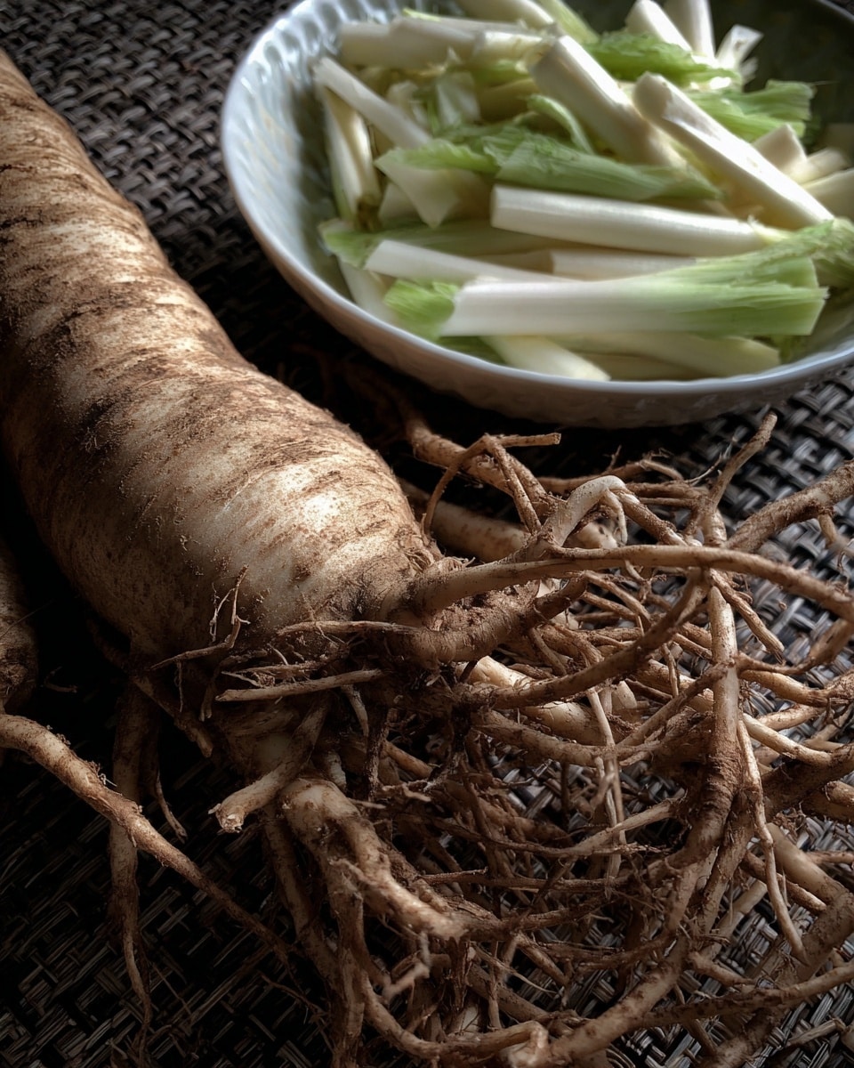 A close-up image showing a large, rough-textured, light brown root vegetable with long, tangled roots in the front. Behind it, there is a white bowl filled with pale green and white elongated leafy vegetable pieces that fan out. The surface underneath is a textured woven fabric, and the background is dark, creating a strong contrast. photo taken with an iphone --ar 4:5 --v 7