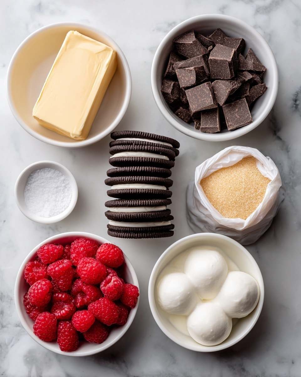 The image shows six separate white bowls and a white bag on a white marbled surface. The top left bowl holds a rectangular block of light yellow butter. To its right, a bowl is filled with small, dark brown chocolate chunks. Below the butter bowl, a larger bowl contains stacked dark chocolate sandwich cookies with cream filling. Next to it on the right, a white bag of golden sugar sits upright. Below the cookie bowl, a smaller white bowl is filled with bright red raspberries. To the right of the raspberry bowl, a white bowl holds several scoops of white coconut milk. In front of the coconut milk bowl is a tiny white bowl with a pinch of white salt. The setup is neat and evenly spaced. photo taken with an iphone --ar 4:5 --v 7