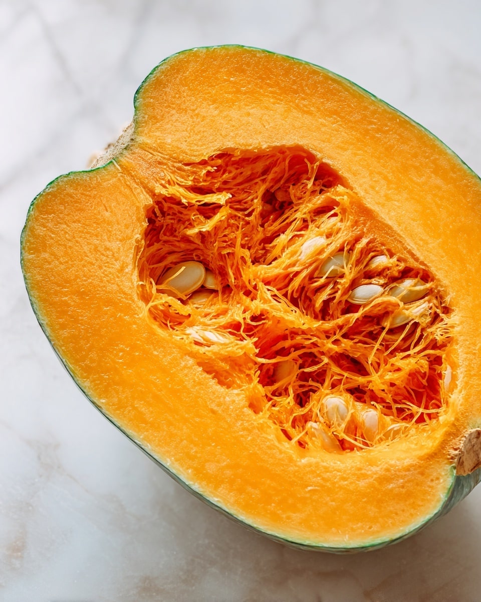 The image shows a close-up of a half pumpkin with the inside visible, placed on a white marbled surface. The pumpkin has three main layers: the outer green rind edge, a thick orange flesh layer with a smooth texture, and an inner cavity filled with stringy, fibrous orange strands and several off-white seeds embedded in the strands. The texture of the fibrous part is tangled and soft, contrasting with the firm look of the surrounding flesh. The overall color palette moves from green on the outer edge to bright orange in the flesh and seed area. photo taken with an iphone --ar 4:5 --v 7