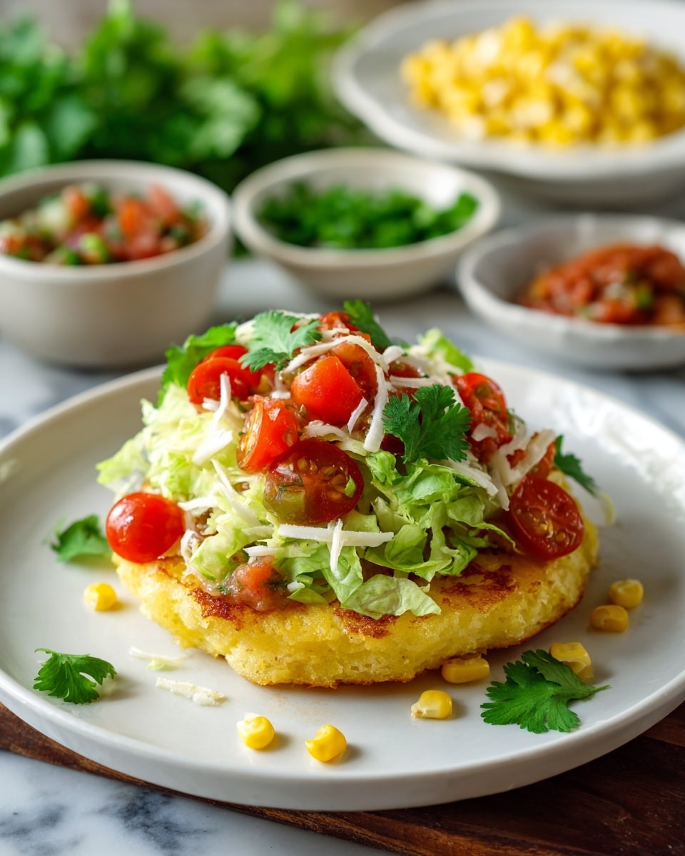 A small white plate with a single layered dish featuring a base of cooked, lightly browned corn patty, topped with a colorful mix of chopped vegetables including diced red tomatoes, green lettuce, white onions, and yellow corn kernels, finished with sprinkled shredded cheese and a small cilantro leaf on top. Some corn and cilantro leaves are scattered around the plate. In the background on a wooden surface, various small bowls hold sliced green peppers, red cherry tomatoes, and chopped green herbs, along with a bowl of cooked corn and a few yellow and black ceramic tagines. The setting includes a white marbled textured surface under the plate. Photo taken with an iphone --ar 4:5 --v 7