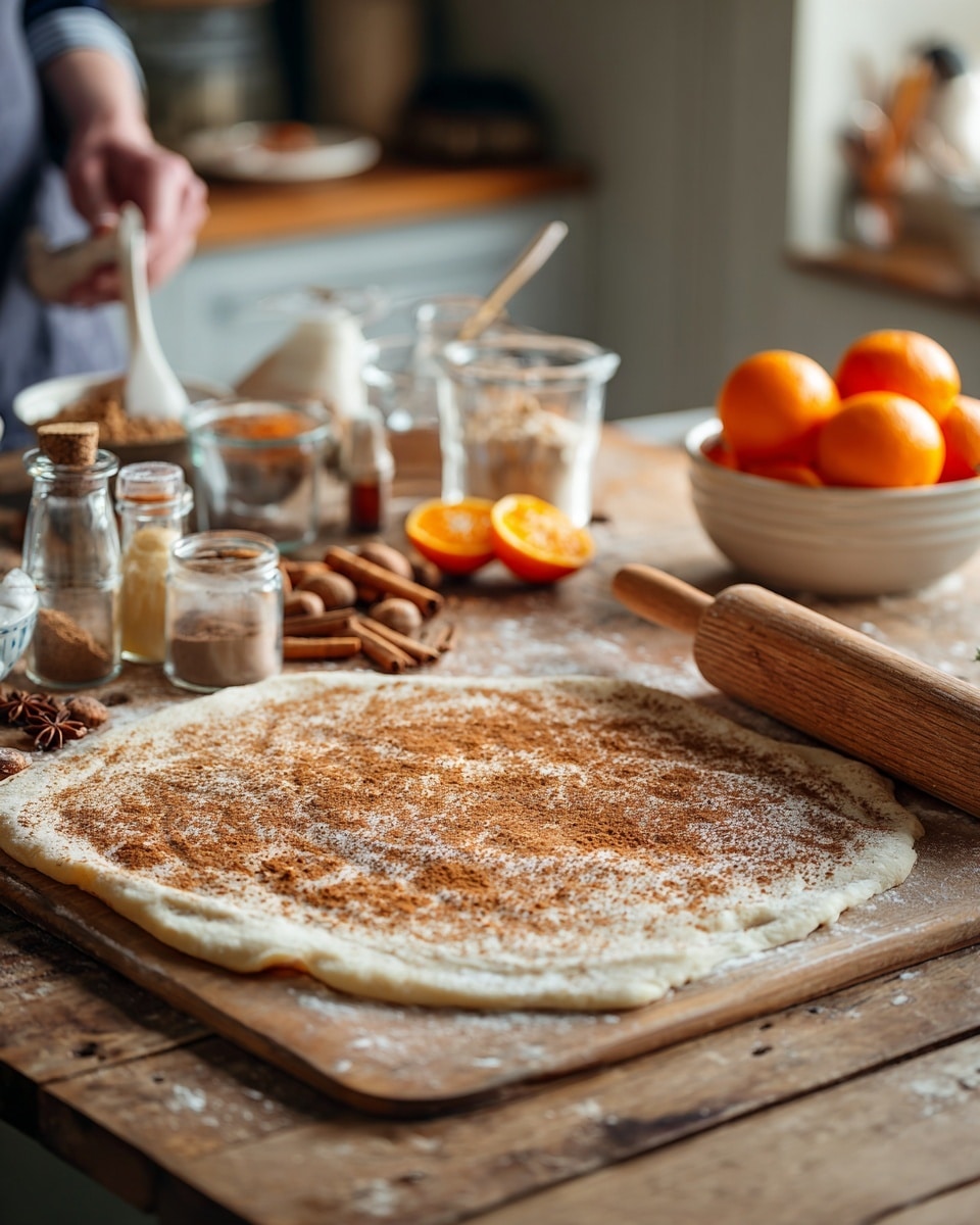 A large flat layer of dough rolled out on a wooden table, sprinkled with brown cinnamon powder and sugar spread evenly over it; in the background, a wooden rolling pin lies near two orange halves placed bright side up, with some cinnamon sticks and nuts scattered nearby on the table; on the left side, small jars and bottles with baking ingredients are arranged, including a clear glass container, a small bowl with a white spoon, and a bottle with a dropper; on the right edge, a white bowl holds three whole bright oranges, all set against a blurred kitchen background, photo taken with an iphone --ar 4:5 --v 7