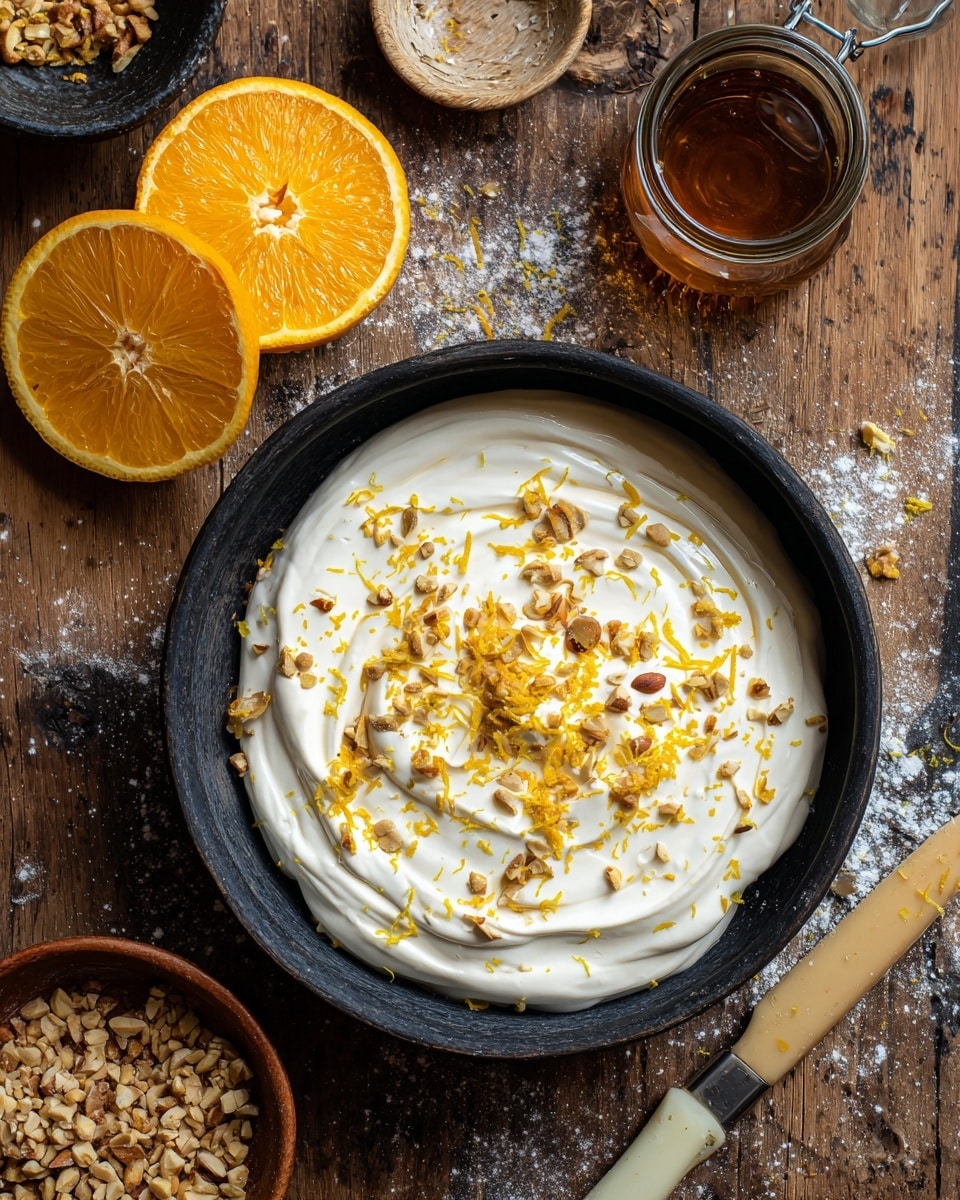 A rustic, dark round dish filled with a creamy white layer of thick sauce spread unevenly on top, sprinkled with small brown crunchy bits and bright orange zest scattered across the surface. The dish sits on a wooden table with visible flour dust and a vintage knife with a light handle placed below it. Nearby on the table, there is a small, white bowl with mixed crushed nuts or spices, a glass jar containing honey or syrup, two halves of a bright orange fruit, and a small brown cup. The whole setting rests on a white marbled texture background. Photo taken with an iphone --ar 4:5 --v 7
