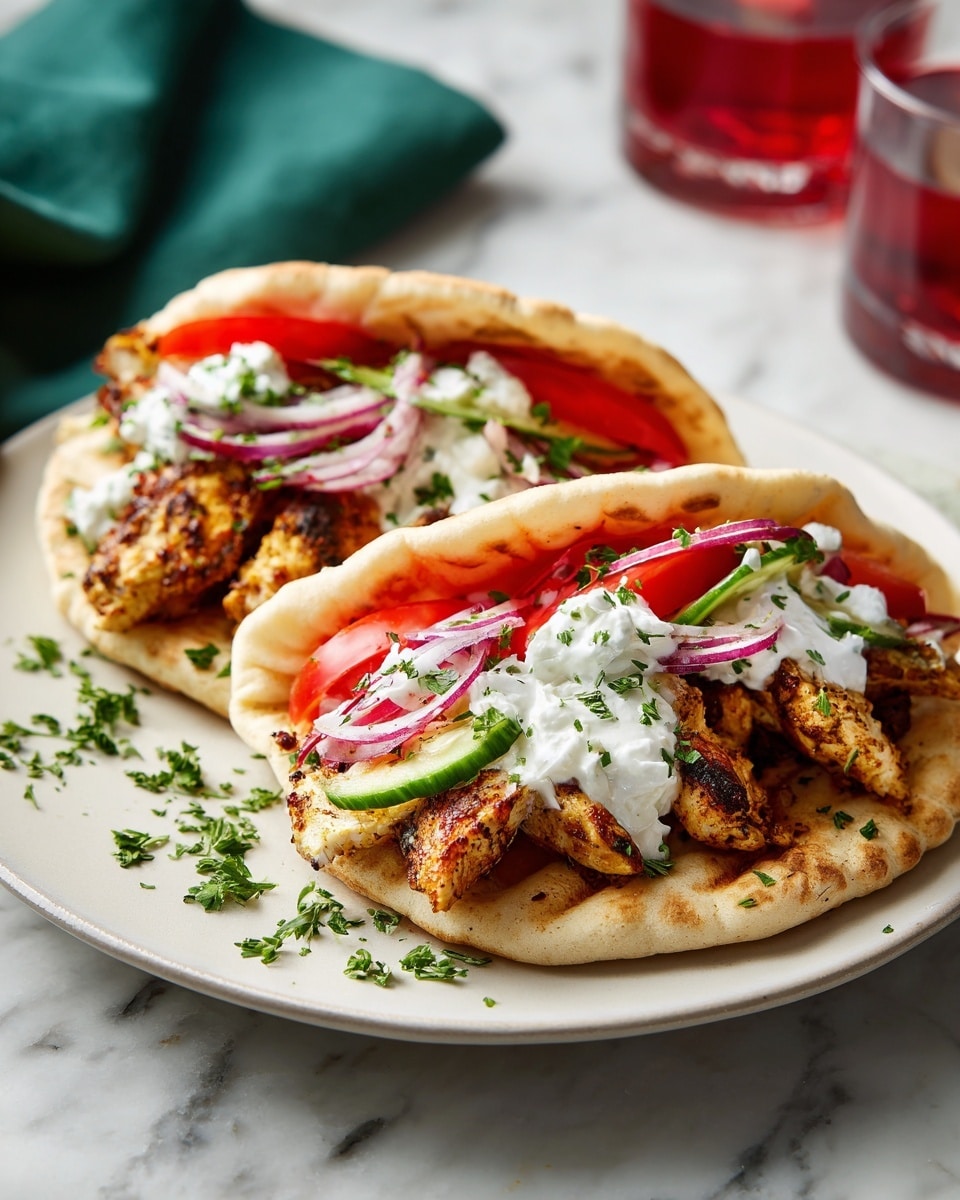 Two pita bread wraps lie side by side on a white plate over a white marbled surface. Each wrap is open at one end, showing several layers inside: the bottom layer has grilled pieces of brown chicken with slight char marks, topped with slices of red tomato and thin white onion strips. Bright green pickles are placed next to tomato slices, and dollops of white creamy sauce are added on top of the chicken and vegetables. The wraps are sprinkled with small pieces of fresh green parsley, adding a touch of color contrast. A green cloth and a glass with pink liquid are blurred in the background. Photo taken with an iphone --ar 4:5 --v 7