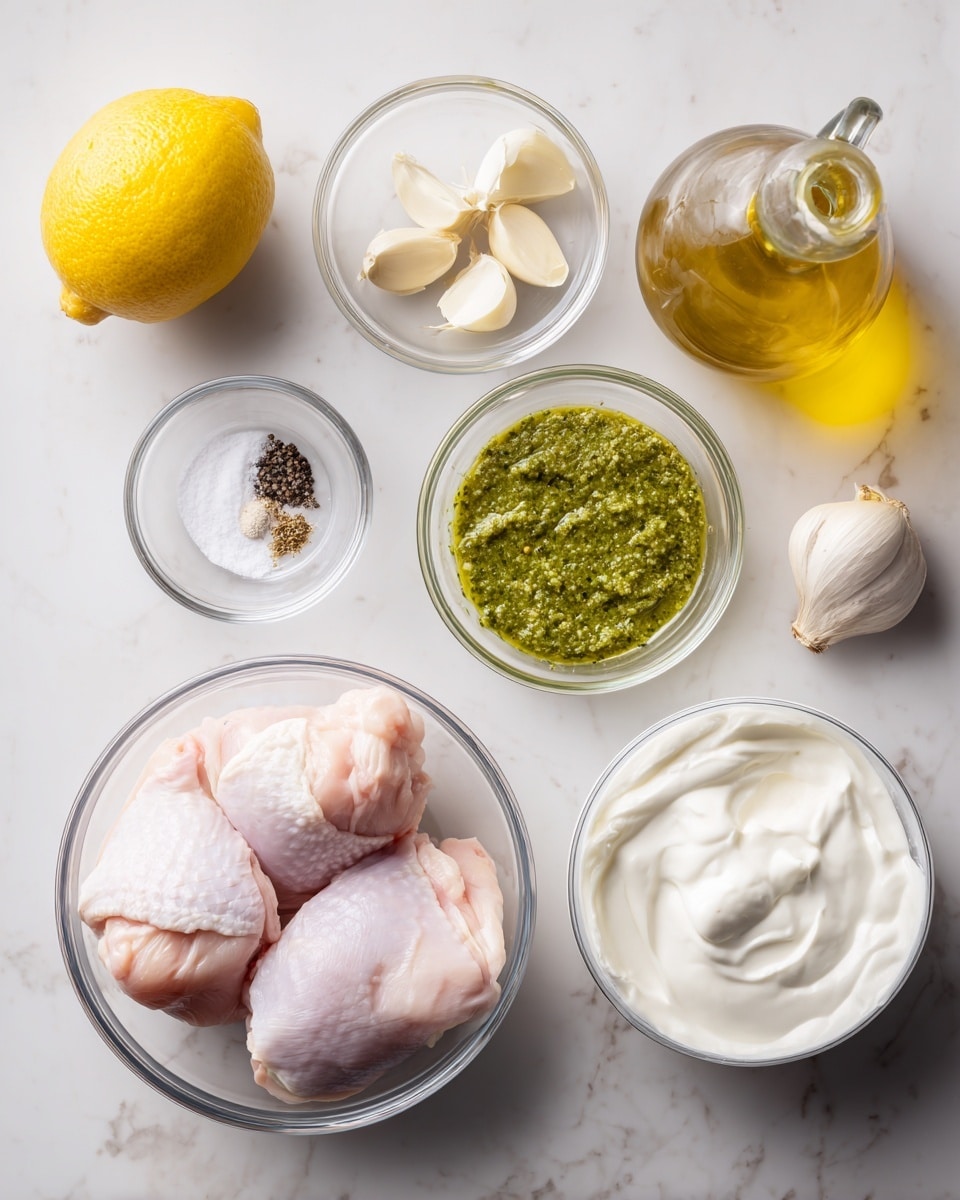 The image shows ingredients neatly placed on a white marbled surface. In the center bottom, two raw, pale pink chicken pieces lay in a clear glass bowl. To the left top sits a whole yellow lemon. To the right of the chicken, a small clear bowl contains salt and black pepper. Above this bowl, there are two smaller clear glass bowls; one holds two peeled white garlic cloves, and the other contains green pesto sauce with a slightly chunky texture. Next to these bowls, a larger clear bowl holds smooth white creamy yogurt. On the far right, a white container of Stonyfield Organic Greek yogurt is visible, along with a clear glass bottle filled with golden yellow oil. The photo taken with an iphone --ar 4:5 --v 7