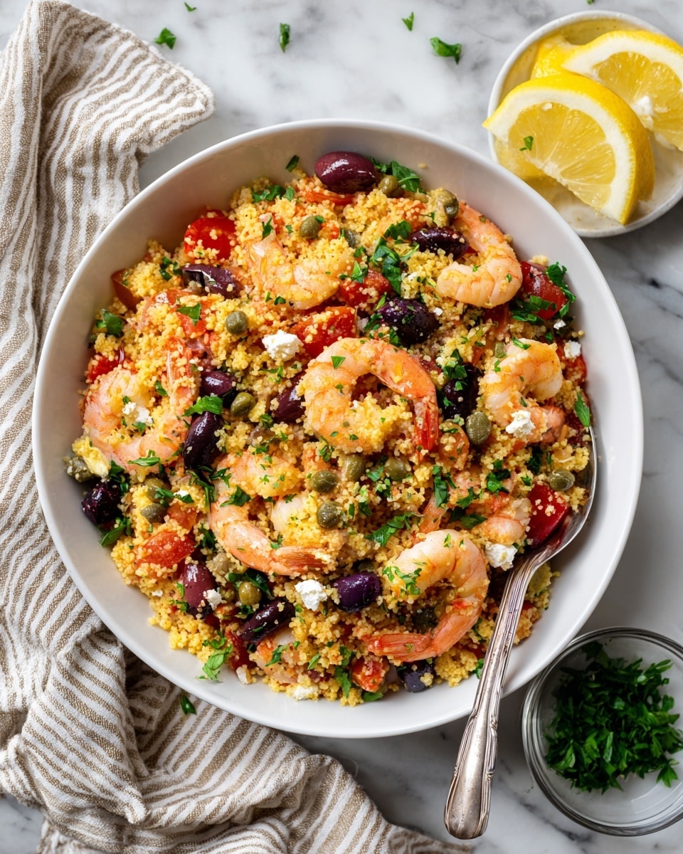 A large white bowl filled with a colorful shrimp and couscous salad sits on a white marbled surface. The salad layers include shiny pink shrimp, bright yellow couscous, halved red cherry tomatoes, dark purple olive slices, and small green capers. White crumbled cheese dots the mix, while finely chopped green herbs are sprinkled on top. A silver spoon rests inside the bowl. To the right, there is a small clear bowl with more green herbs and a white bowl with lemon wedges. A beige and white striped cloth is partially visible on the left side of the image. Photo taken with an iphone --ar 4:5 --v 7