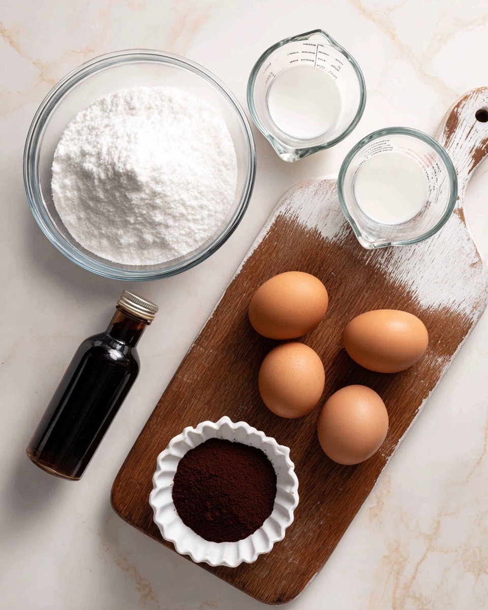 The image shows ingredients placed on a white marbled surface: a clear glass bowl with a mound of white sugar in the top left, two glass measuring cups with white liquid positioned near the top right, four brown eggs arranged diagonally in the center, a dark bottle of vanilla extract on the left side, and a small white scalloped bowl filled with dark brown powder at the bottom center. There is a white wooden cutting board with worn patches at the top right corner. photo taken with an iphone --ar 4:5 --v 7