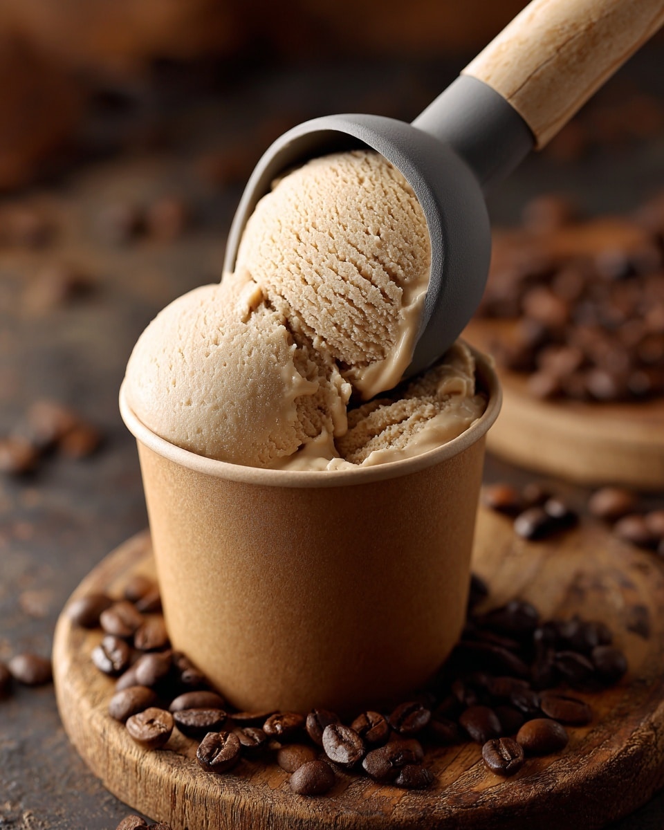 A single round scoop of light brown coffee ice cream with a smooth and creamy texture sits in a light brown paper cup. The scoop is slightly rough with small air pockets visible on its surface. A gray ice cream scoop is partially pressed into the container, holding the ice cream. The cup is placed on a white marbled surface with scattered dark brown coffee beans around it. Photo taken with an iphone --ar 4:5 --v 7