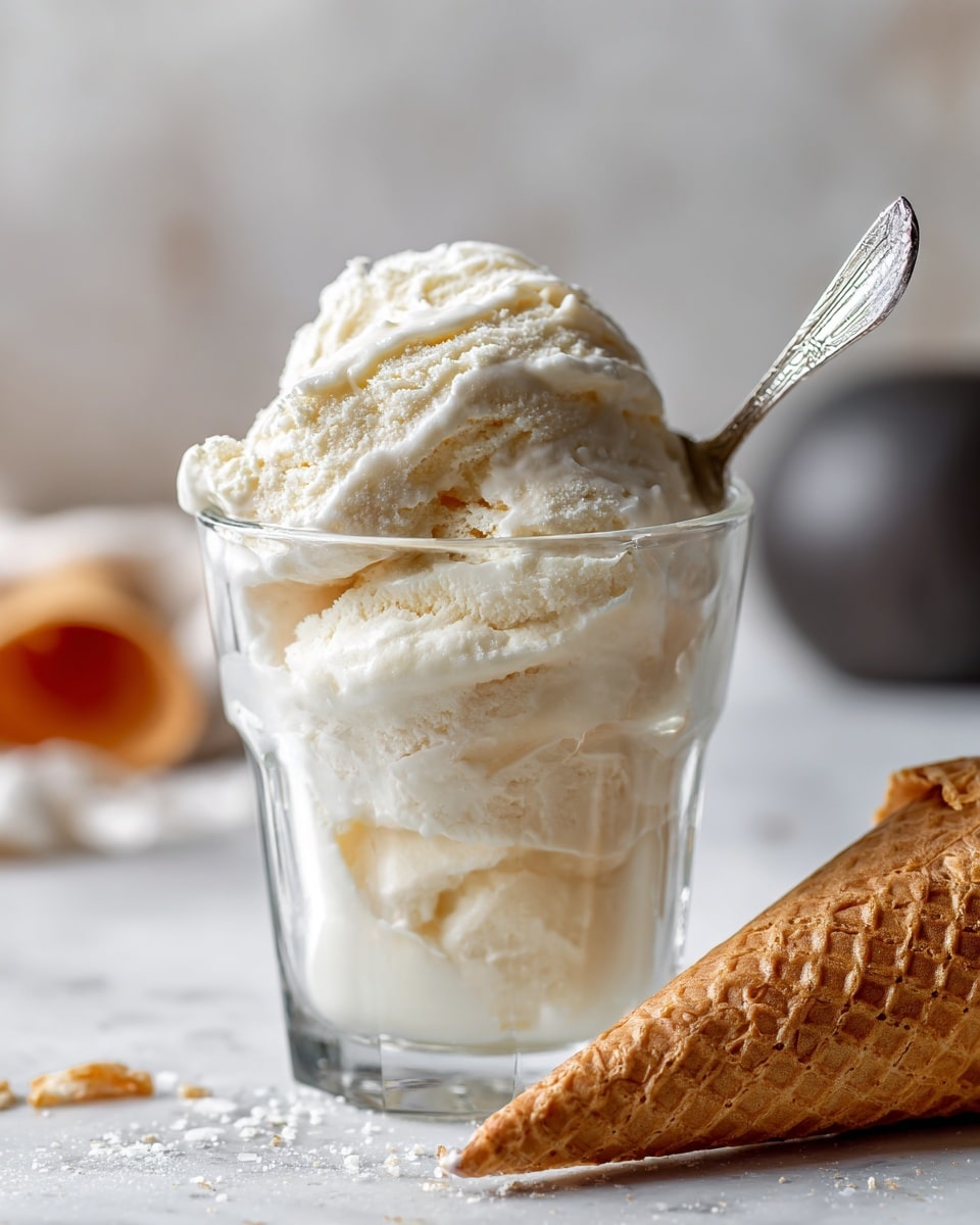 A close-up view of a clear glass filled with two large scoops of creamy off-white ice cream, showing a smooth and slightly soft texture. A silver spoon is placed inside the glass, with some ice cream slightly melting and dripping down the sides. Next to the glass, a plain waffle cone lay on a white marbled surface, with visible texture and a warm light brown color. The background is softly blurred with neutral tones, focusing attention on the ice cream and cone. photo taken with an iphone --ar 4:5 --v 7