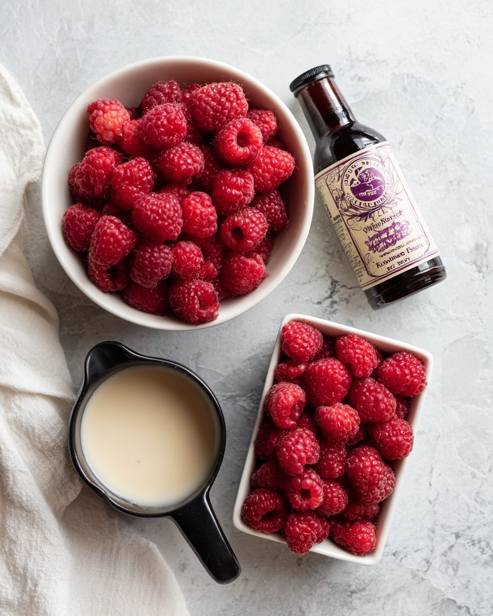 The image shows a small round white bowl filled with fresh red raspberries on the top left corner and a white rectangular container filled with more raspberries in the bottom right corner. Between them, there is a dark brown bottle of Madagascar Bourbon Pure Vanilla Extract with a cream and purple label. Below the bottle, a black measuring cup filled with a pale cream liquid is placed on a light gray surface with a white marbled texture. A soft white cloth is partially visible in the bottom left corner. Photo taken with an iphone --ar 4:5 --v 7