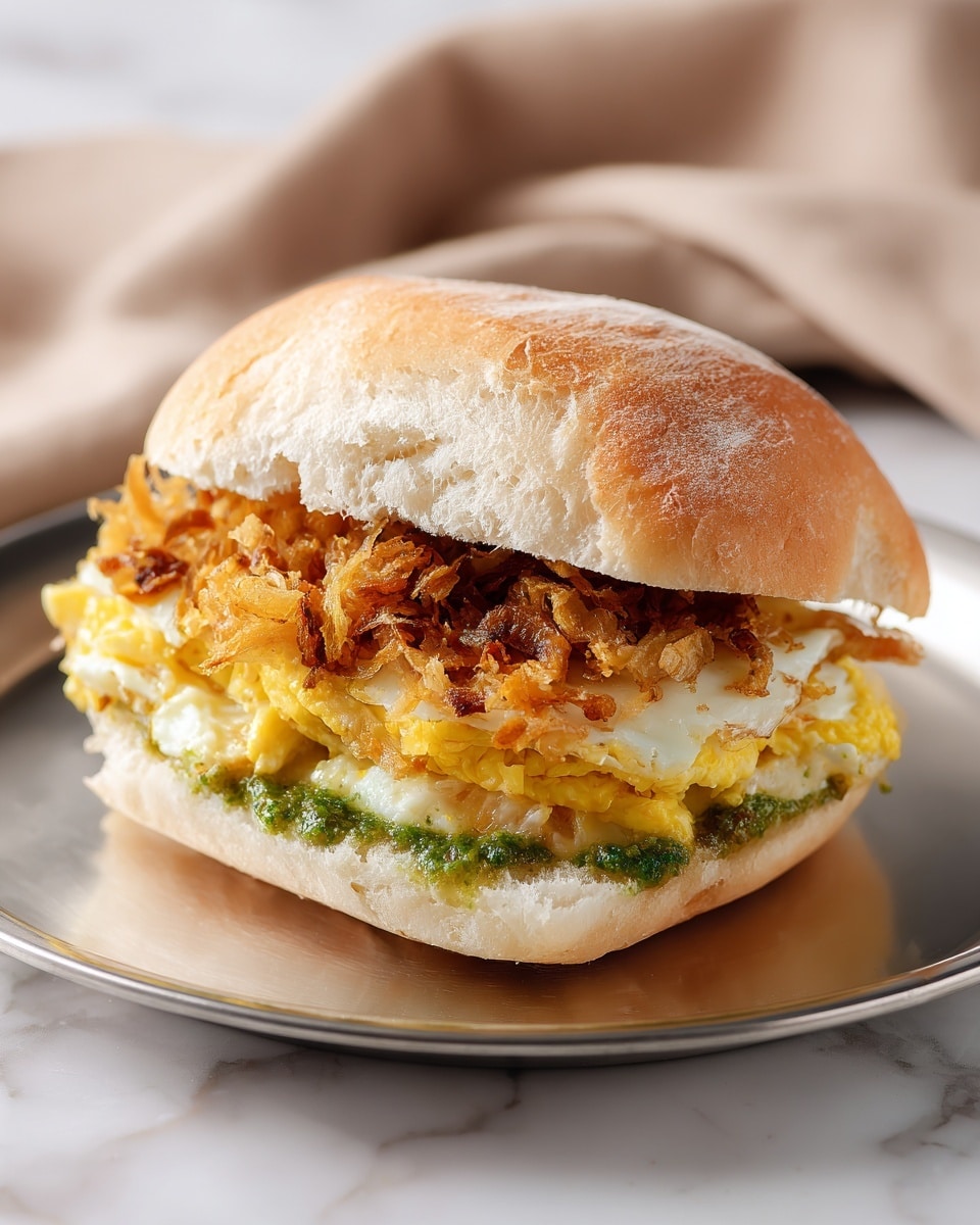 The image shows a sandwich with three main layers on a white square bun that has crispy caramelized onion slices on the top. The bottom layer is a green herb spread that looks soft and moist. Above it is a fluffy yellow egg patty that looks thick and light. The top layer is the bun with a slightly toasted texture and a dusting of flour. The sandwich is placed on a metal tray with a white marbled background out of focus. photo taken with an iphone --ar 4:5 --v 7