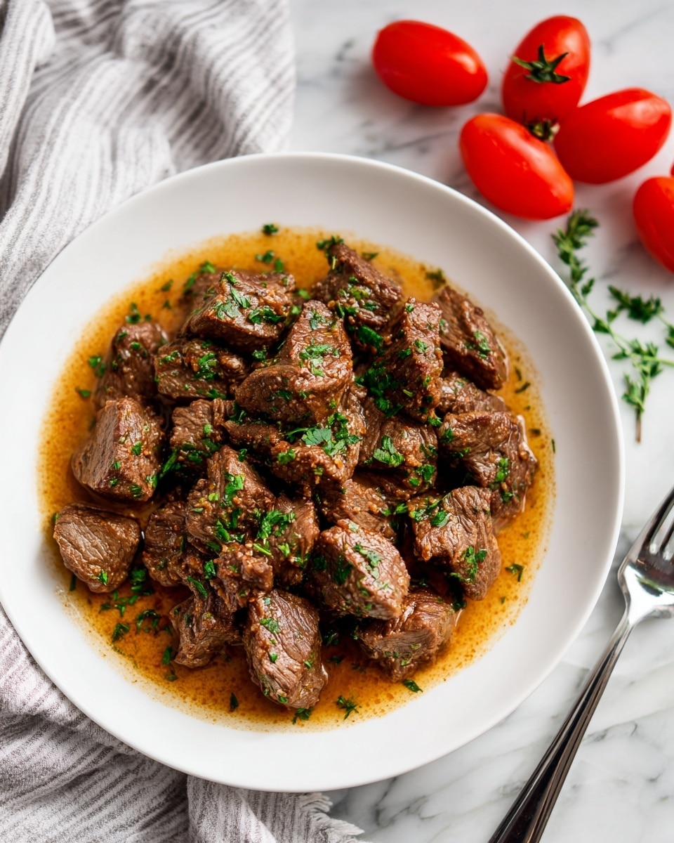 A white plate sits on a white marbled surface, filled with several chunks of cooked dark brown meat, each piece covered lightly with a glossy sauce that pools underneath. The meat is topped with fresh chopped green herbs scattered evenly across the dish. To the right of the plate, a silver fork rests on the surface, and a few bright red tomatoes with green stems lie nearby. On the left edge, a white cloth with grey stripes is partially visible. Photo taken with an iphone --ar 4:5 --v 7