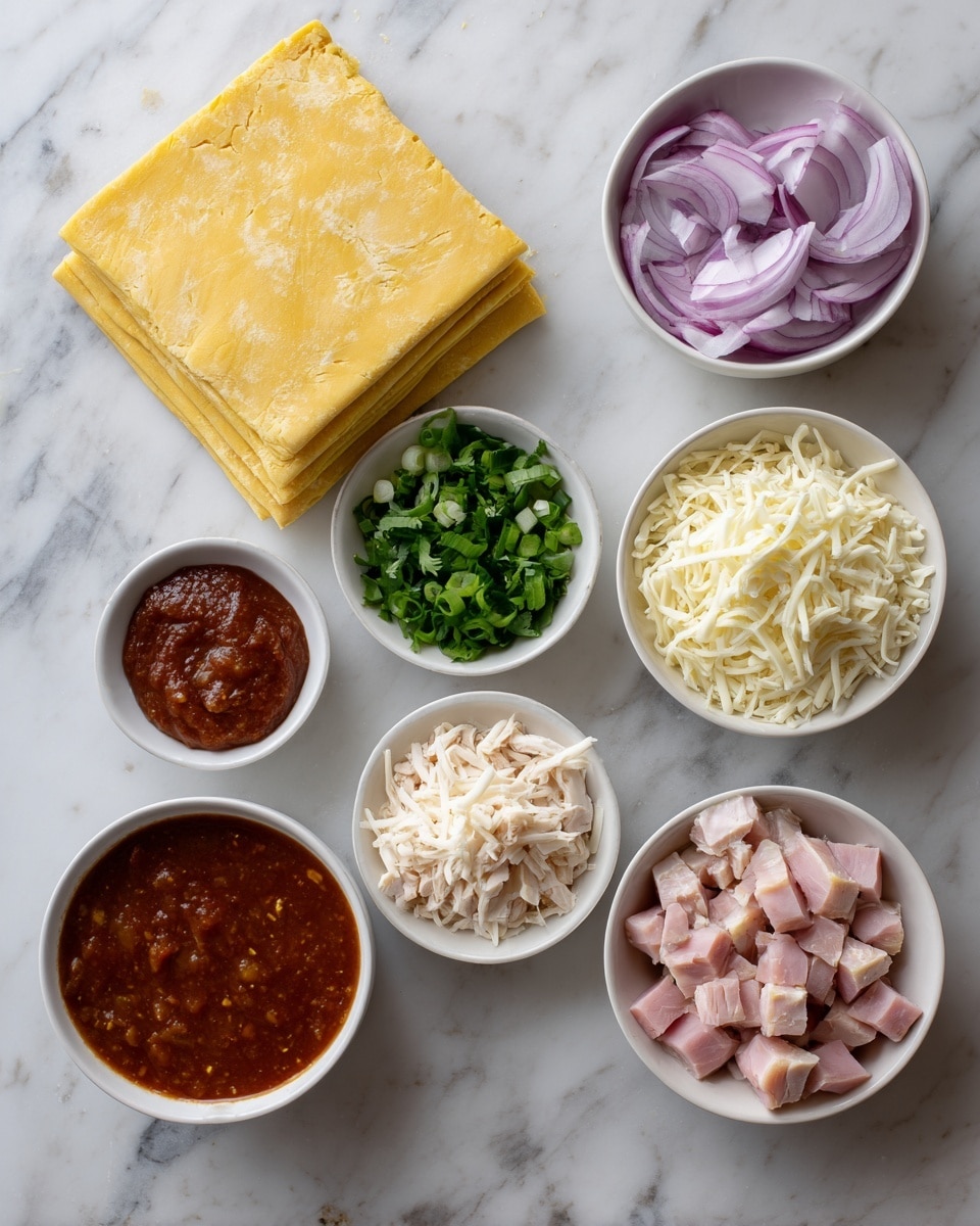 The image shows a top view of a white marbled surface with eight items arranged neatly. At the top left is a folded sheet of yellow dough. Below it are three small white bowls containing thin slices of red onion, chopped green onions, and fresh chopped cilantro, from left to right. Across on the right side are four more white bowls holding chunks of cooked chicken, a thick reddish-brown sauce, small pieces of ham, and shredded white cheese, arranged from top left to bottom right. The ingredients are all separated and evenly spaced. photo taken with an iphone --ar 4:5 --v 7