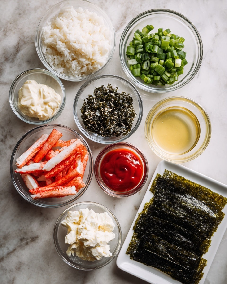 The image shows several small clear glass bowls placed on a white marbled surface, each holding different ingredients. In the back row, from left to right, there is a bowl filled with white cooked rice, a bowl with chopped green onions, and a bowl with white mayonnaise. In the middle row, a bowl with red and white crab sticks is on the left, a bowl with dark seaweed flakes mixed with sesame seeds is in the center, and a small bowl with red ketchup is on the right. In the front row, a bowl with white cream cheese is on the left, and next to it on the right, there is a small bowl with a light yellow liquid, possibly vinegar. To the far right, there is a small white rectangular plate holding several dark green seaweed sheets stacked in two layers. Photo taken with an iphone --ar 4:5 --v 7