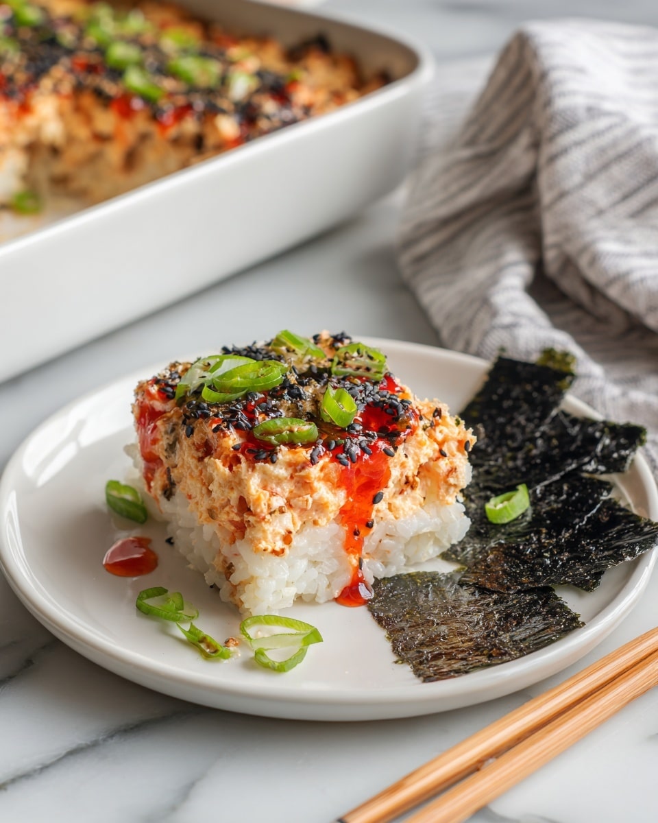 The image shows a square piece of rice cake on a white plate with a brown rim. The rice cake has two visible layers: the bottom layer is white rice with black sesame seeds mixed in, while the top layer is a light orange mixture topped with sliced green onions and drizzles of a reddish sauce. On the right side of the rice cake, there are three rectangular pieces of dark seaweed placed flat on the plate. Light-colored wooden chopsticks rest near the edge of the plate. In the background, there is a white baking dish with more rice cake inside, and a blue-striped cloth is draped beside it on a white marbled surface. photo taken with an iphone --ar 4:5 --v 7