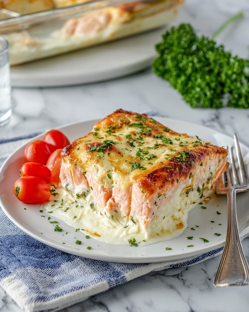 The dish shows a white plate with a gold rim holding a thick slice of pink cooked fish topped with a golden brown, slightly crispy layer of cheese or sauce sprinkled with chopped green herbs. The fish rests on a white creamy layer below it. Three small red tomatoes with vibrant green leafy garnish sit beside the fish on the plate. In the background, a clear rectangular glass baking dish contains another piece of the fish with the same topping. A white marbled surface and a grey and white striped cloth napkin with a silver fork are beside the plate. Photo taken with an iphone --ar 4:5 --v 7