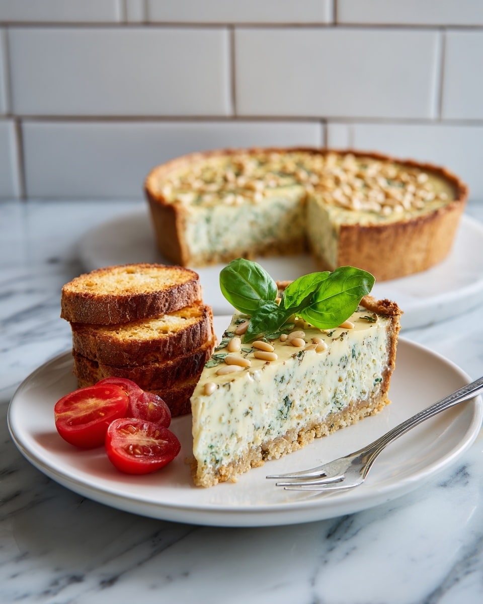 A slice of two-layered cheesecake sits on a white square plate, the bottom layer greenish with a rough texture and the top layer creamy yellow topped with beige pine nuts and a fresh green basil leaf; next to it are three round golden toasted bread slices stacked slightly, and a few bright red cherry tomato halves arranged beside them. Behind this, the remaining cheesecake is visible, round and creamy yellow with a rustic brown crust, placed on a white marbled surface, against a white tiled background. A silver fork rests at the plate's edge. Photo taken with an iphone --ar 4:5 --v 7