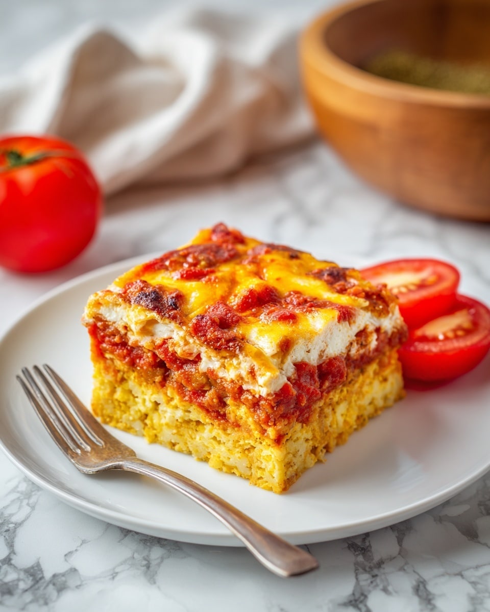 The image shows a slice of a baked dish, like a thick pizza or casserole, on a white plate with a fork beside it. The dish has multiple layers: a golden-yellow melted cheese topping with some white and green bits, a rich red tomato sauce layer in the center, and a light yellow base with small vegetables or herbs baked inside. Behind the plate, there is a fresh whole red tomato and some tomato slices on the right, with a wooden bowl filled with a chunky greenish mixture blurred in the background. All is set on a white marbled surface. Photo taken with an iphone --ar 4:5 --v 7