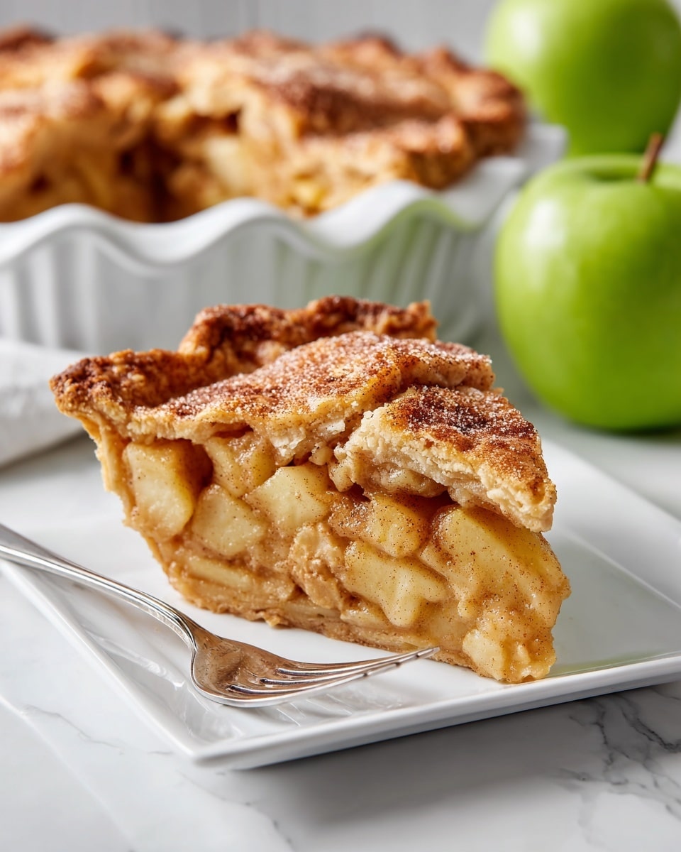 The image shows a slice of apple pie on a white square plate with a silver fork beside it. The pie has two visible layers: a top layer of a browned, slightly rough crust with a cinnamon-spiced look and a bottom layer filled with chunky, light green and yellow apple pieces mixed with a crumbly, soft filling that looks moist and spiced. In the background, there is a white pie dish with more pie and a green apple on a white marbled surface. The photo was taken with an iphone --ar 4:5 --v 7