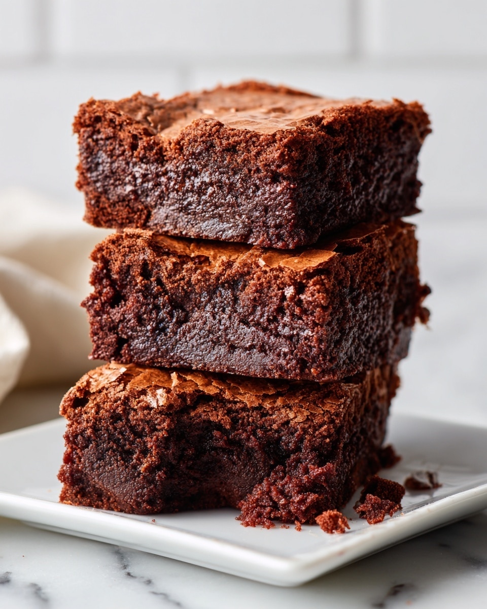 Three thick, square-shaped brownies with a cracked, slightly rough surface are stacked on a white plate with one brownie lying flat in front showing a bite taken from its corner, revealing a denser, moist inside with a rich brown color. The plate sits on a white marbled surface with a white tiled background visible behind. Photo taken with an iphone --ar 4:5 --v 7